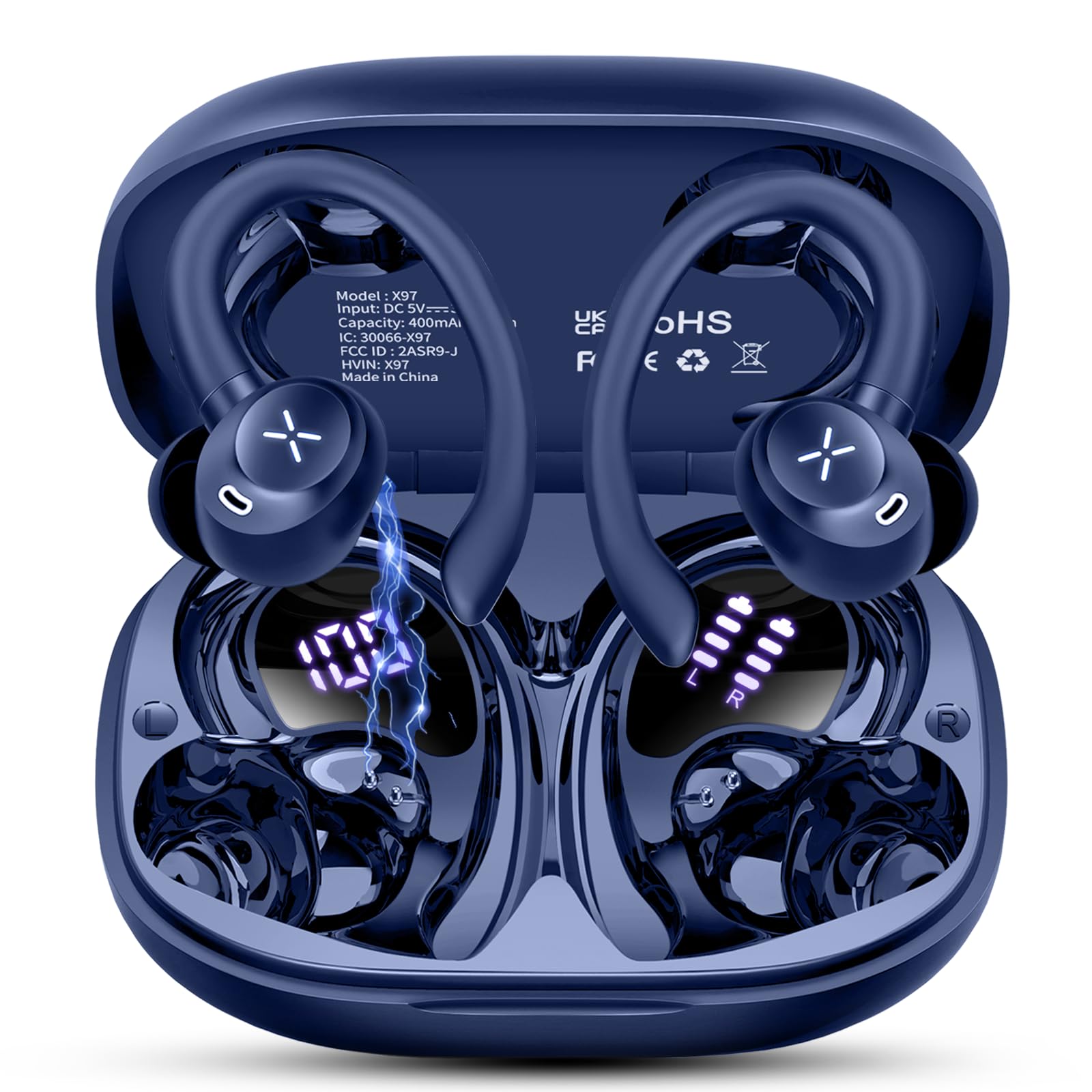 Ecouteurs Bluetooth sans Fil Sport, Écouteurs Bluetooth 5.4 avec 4 ENC Réduction Antibruit Mic, Écran LED, 50H Casque Bluetooth HiFi Stéréo, IP7 Étanche Oreillette pour iOS Android,Charge Rapide/Bleu