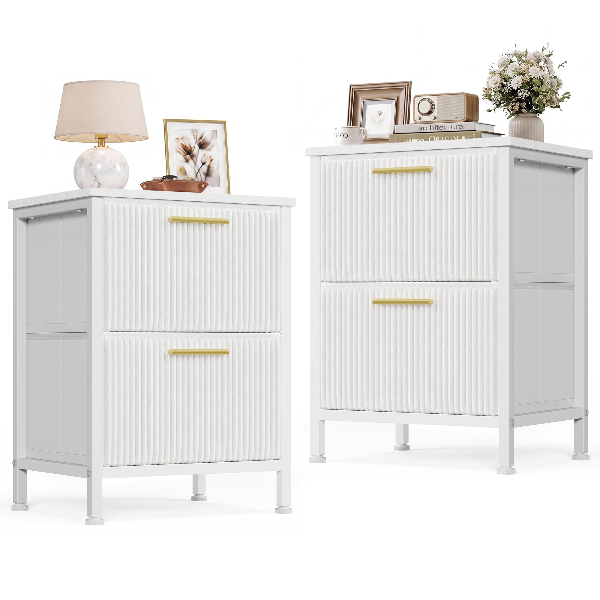 SONGMICS Table de Chevet Lot de 2, 2 Tiroirs, Velours Côtelé | Bout de Canapé, 39,6 x 30 x 53,2 cm, Cadre en Acier, Blanc Neige, Collection GRETHA, LGS122W301