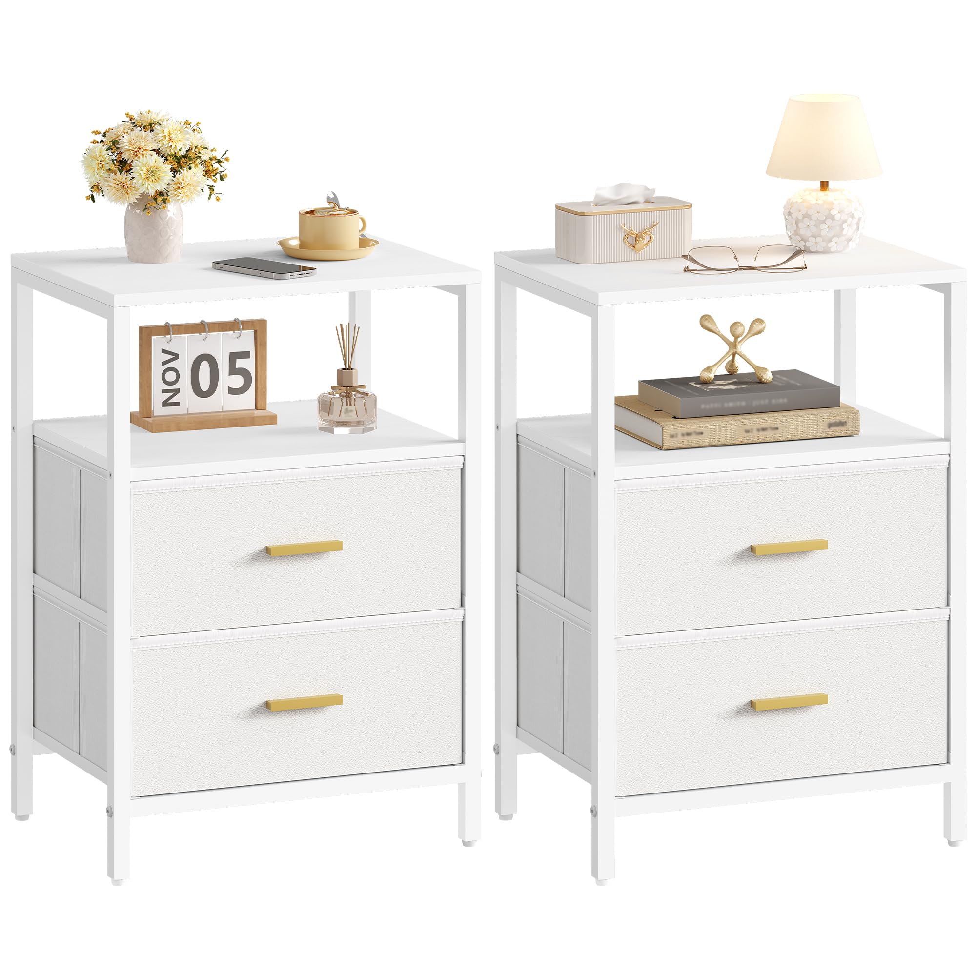 Hzuaneri Table de Chevet Lot de 2, 2 Tiroirs de Rangement en Tissu | Table d'Appoint avec Cubicule Ouvert, Tables Basse, Table de Nuit, pour Chambre, Salon, 30 x 40 x 60 cm, Blanc NS30713W