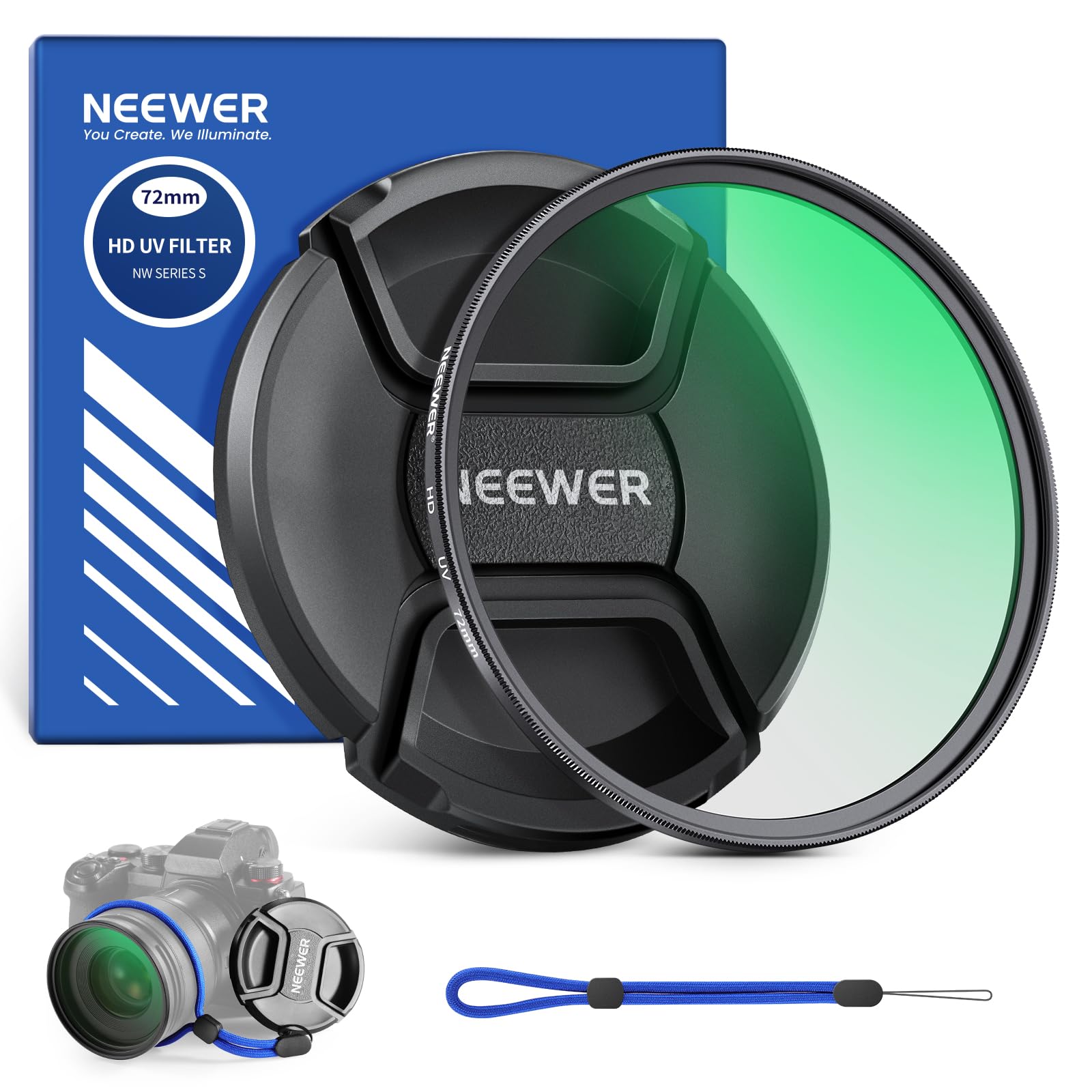 NEEWER Filtre UV MC de Protection de 72mm avec Cache d'objectif | revêtements Nano Multi résistants/Verre Optique HD/Anti-Rayures/Cadre Ultra Fin en Alliage Aluminium/Filtre Ultra Violet