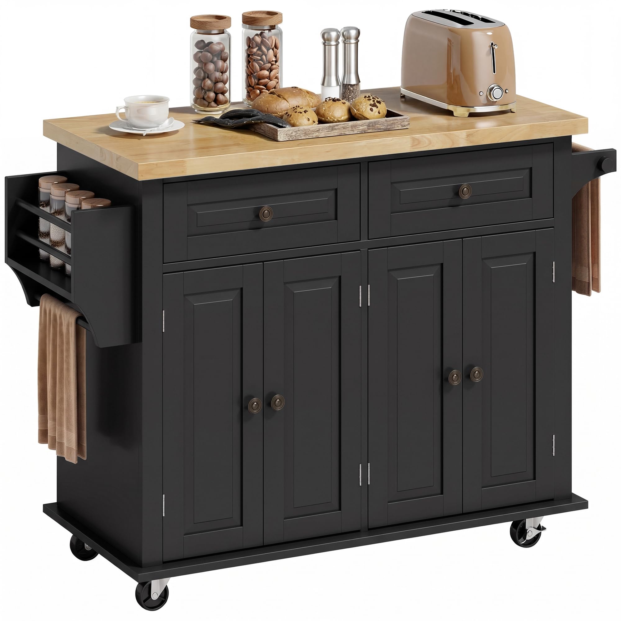 HOMCOM Îlot Central Cuisine avec Plateau en Hévéa, 2 Tiroirs, Noir | Desserte de Cuisine sur Roulettes avec Étagères Réglables, Porte-Serviettes et Porte-Épices, Style Moderne, 111x44,5x82,5cm