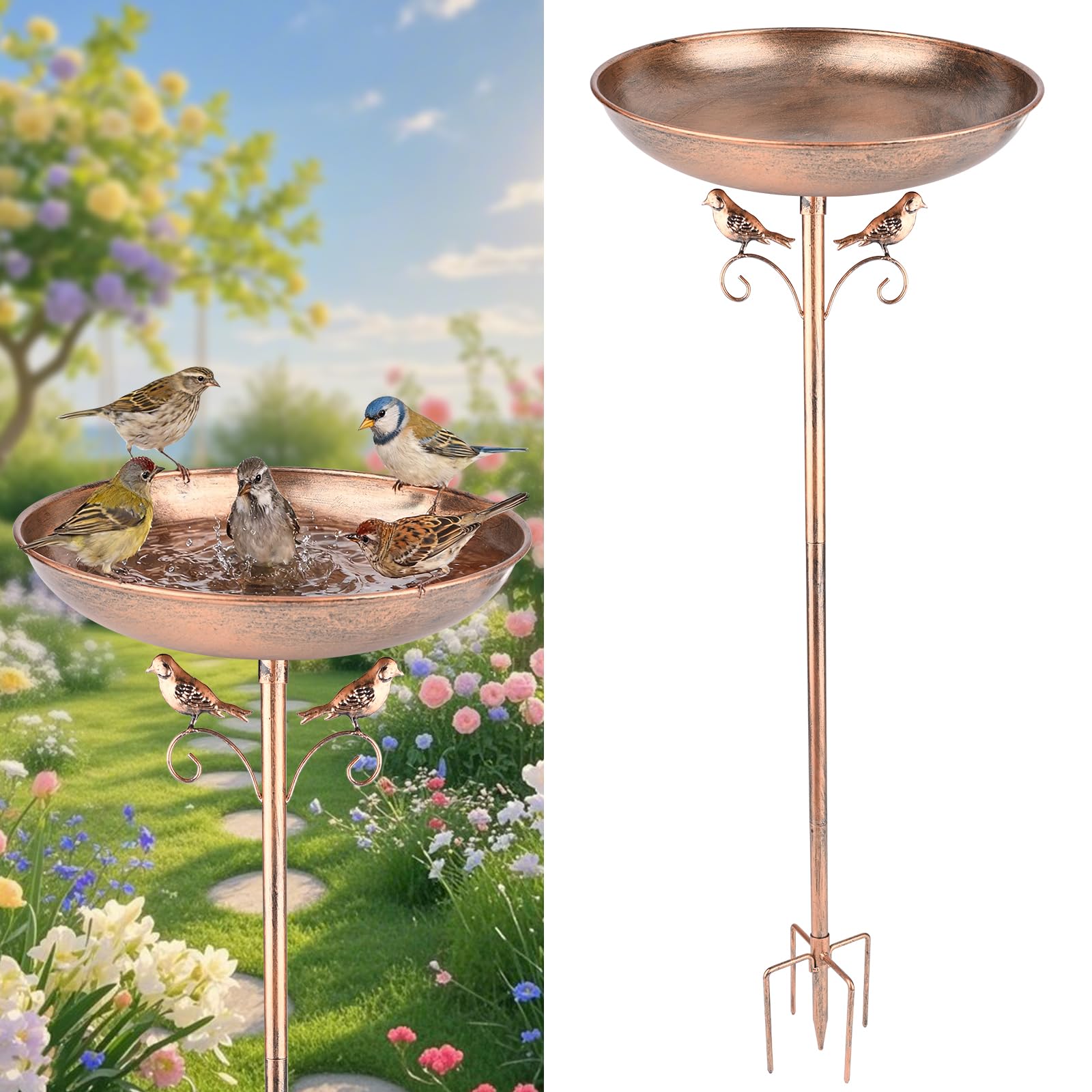 Bac à Oiseaux Debout Hivernal en Métal pour Jardin et Balcon, Grand Bain d’Oiseaux avec Base Stable à 5 Pointes, Résistant au Gel, Abreuvoir et Mangeoire pour Oiseaux Sauvages, Hauteur 30-103cm