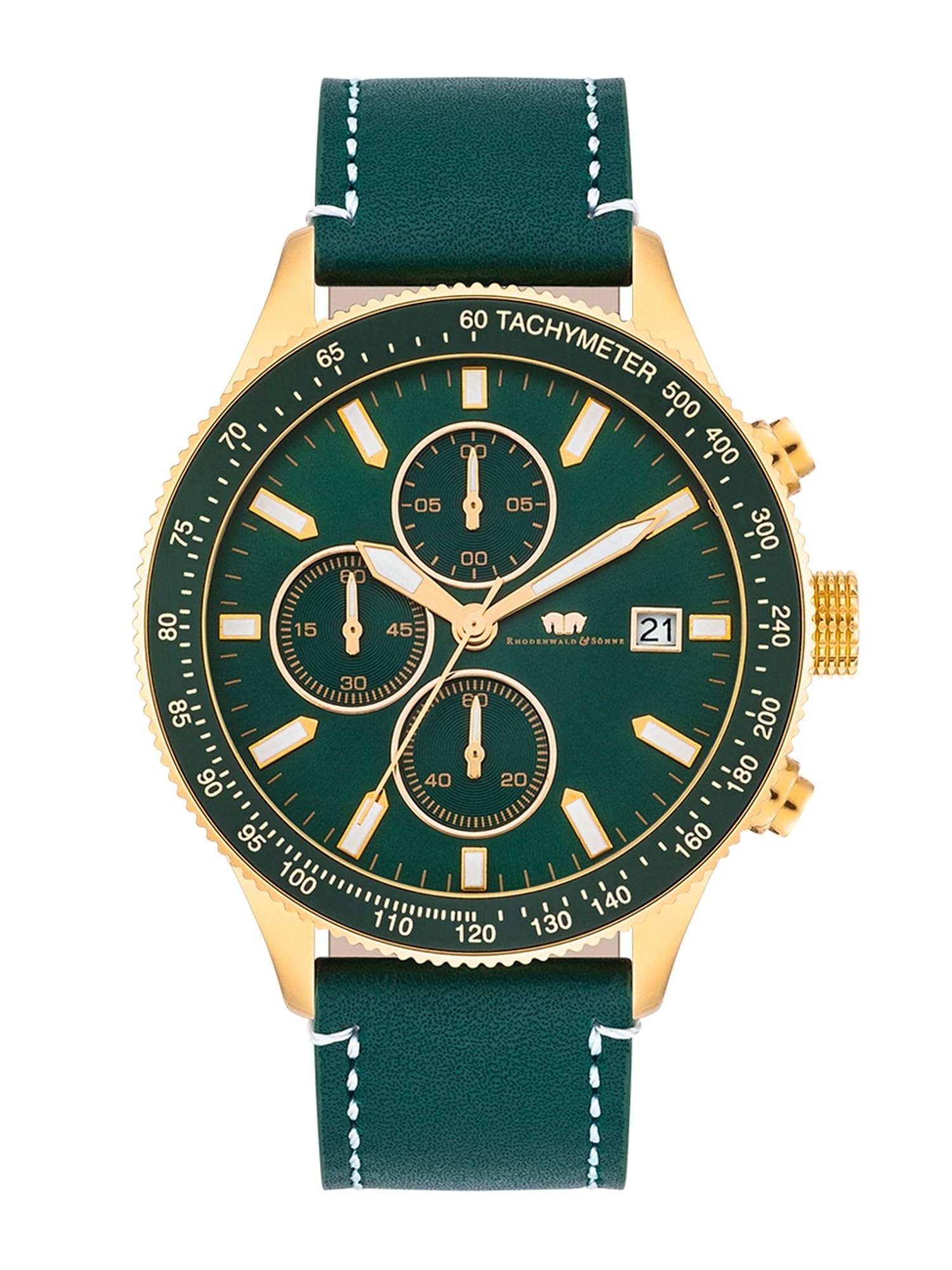 Rhodenwald & Söhne Montre pour hommes acier inoxydable doré quartz 10 ATM | Bracelet en cuir véritable, vert, sans embossage, chronographe, cadran vert, verre minéral, montre-bracelet