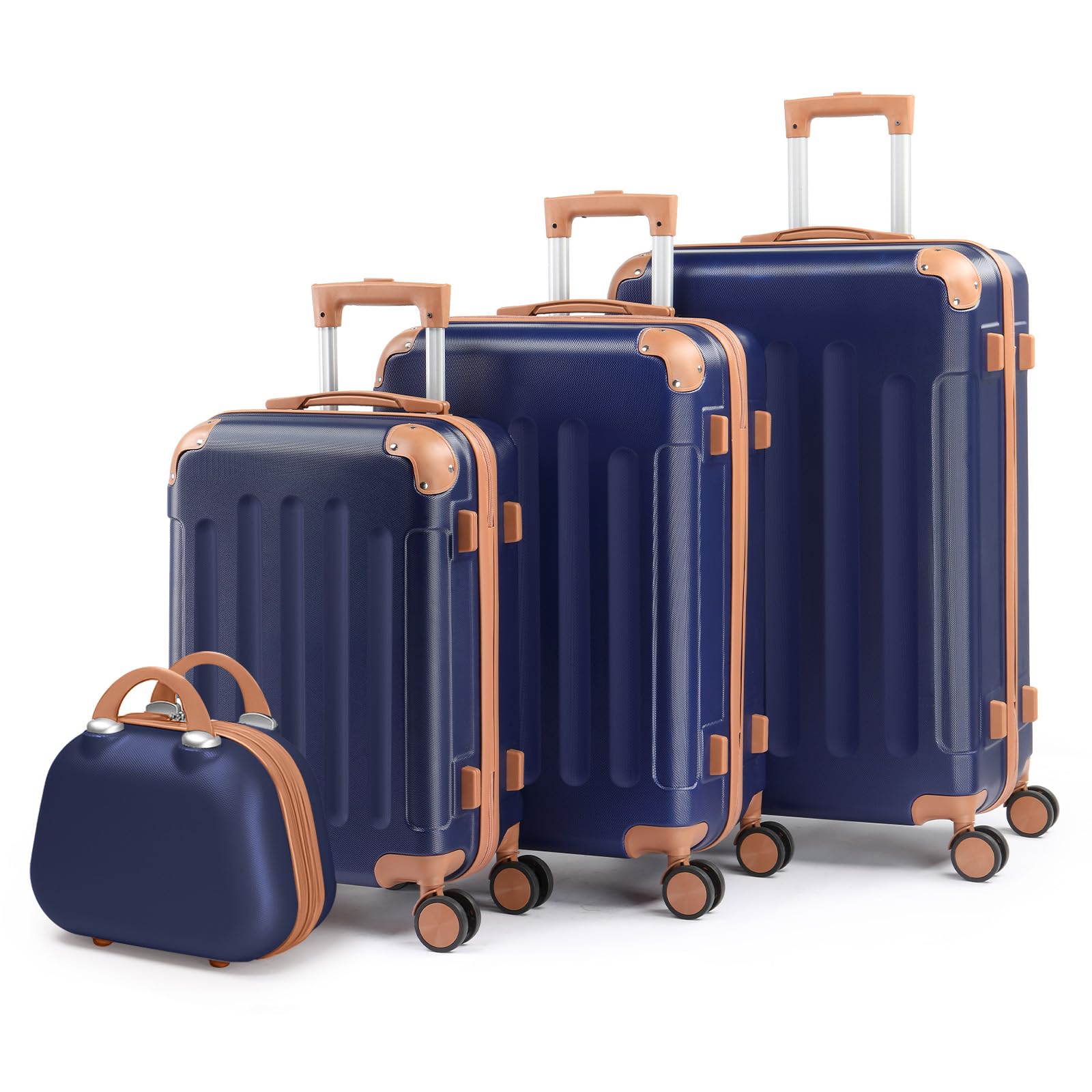 LALAHO Set de 4 Valises avec Vanity Case (Marine-Marron) | Valise Grande Taille & Cabine, Petite Valise, ABS avec Coins Renforcés, roulettes Pivotantes 360°