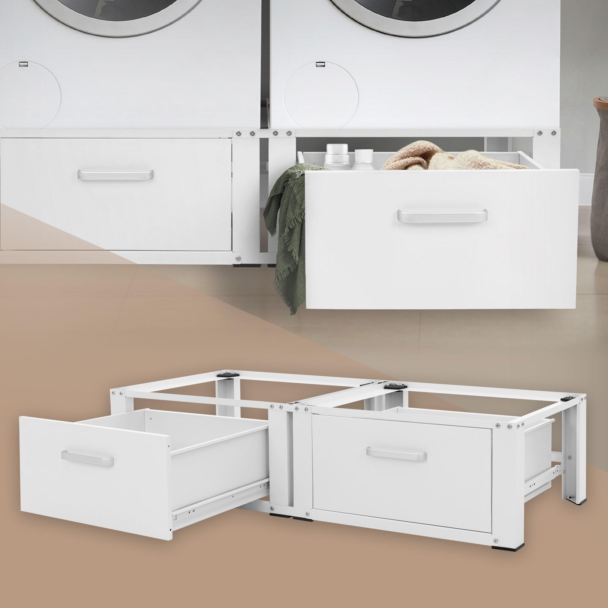 ML-Design Support pour Machine à Laver Double avec 2 Tiroirs Coulissants, Blanc, 128x53,5x31,5 cm, Socle avec 2 Compartiments 2x150 kg, Acier, Base de Lave-Linge, Sous-armoire, Plateforme Haut 31,5 cm