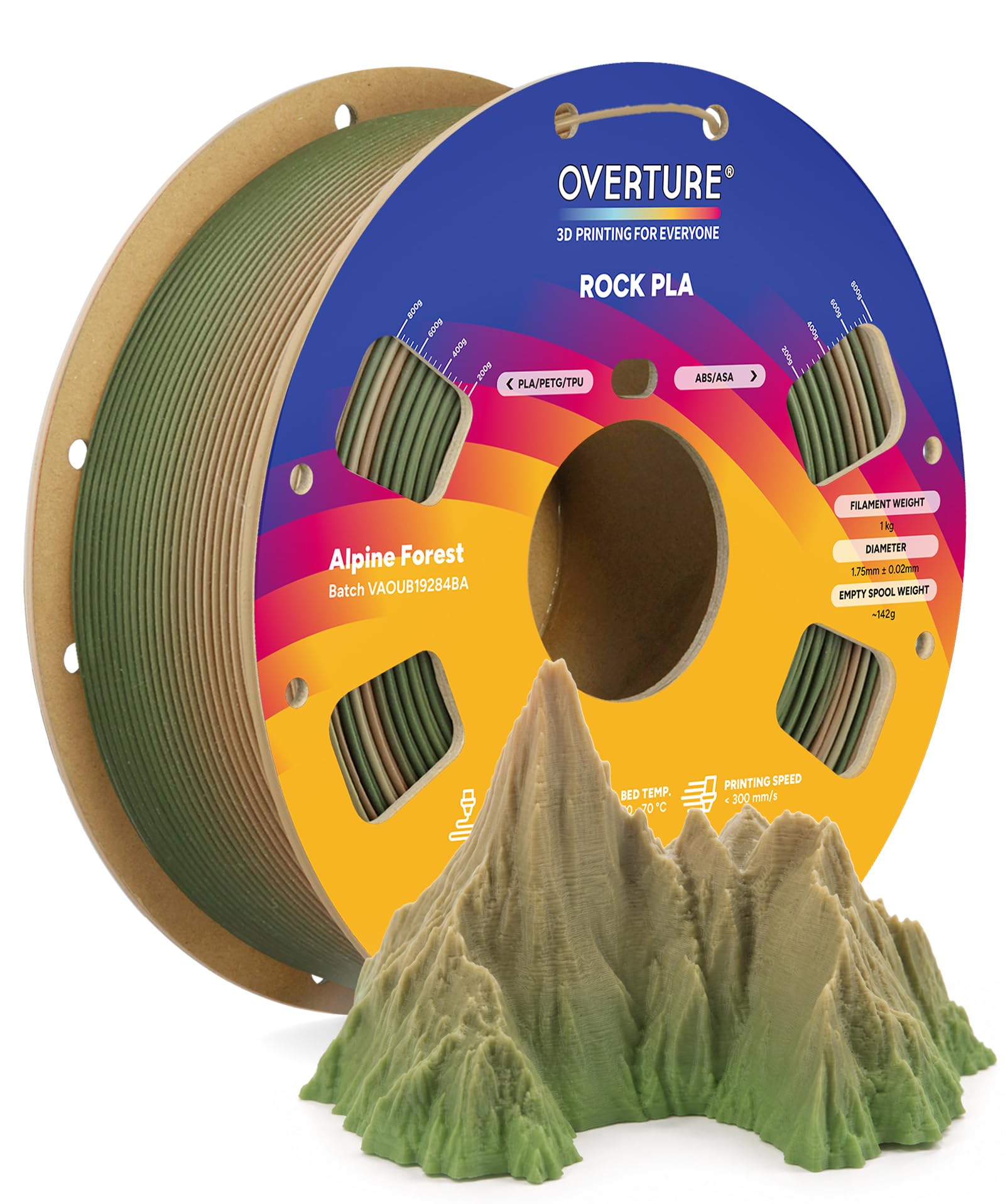 OVERTURE ROCK PLA Filament 1.75mm 1KG Effet Marbre(Forêt Alpine) | PLA avec poudre de marbre, Effet pierre mat, Buse 200-220°C, Plateau 25-60°C, 30-200mm/s, Buse renforcée usage fréquent