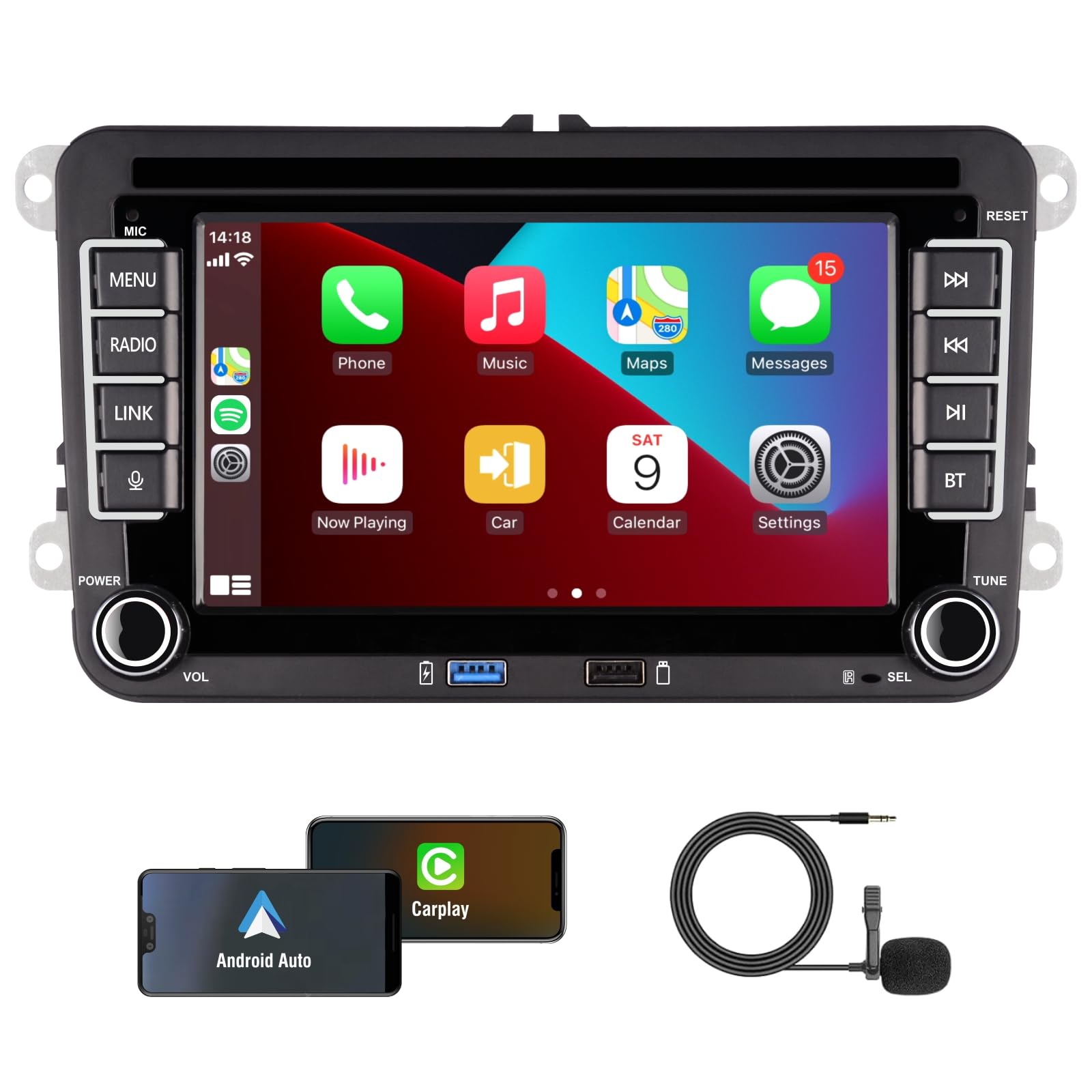 KTTCORLP Linux Autoradio Carplay Golf 6 5 VW Passat Jetta Caddy Polo CC Tiguan EOS T5 Skoda, 7 Pouces sans Fil Carplay & Android Auto, Puissance élevée/Bluetooth/FM/AM Radio/USB/DSP/RDS/SWC