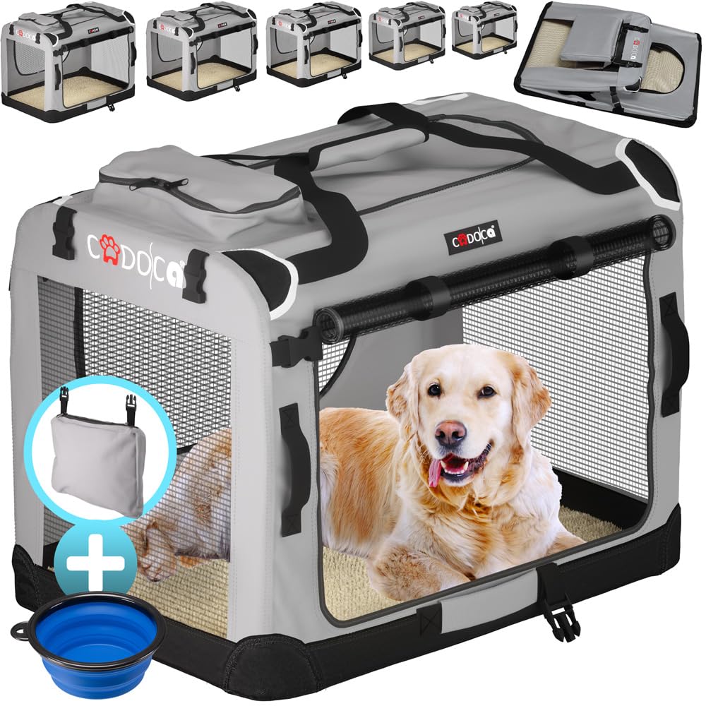 CADOCA Cage de Transport M Gris pour Chiens ou Chats | Sac de Transport Souple, Caisse pour chiens, Tissu Respirant, Pliable, Matelas douillet, 2x Poches, Gamelle pliable