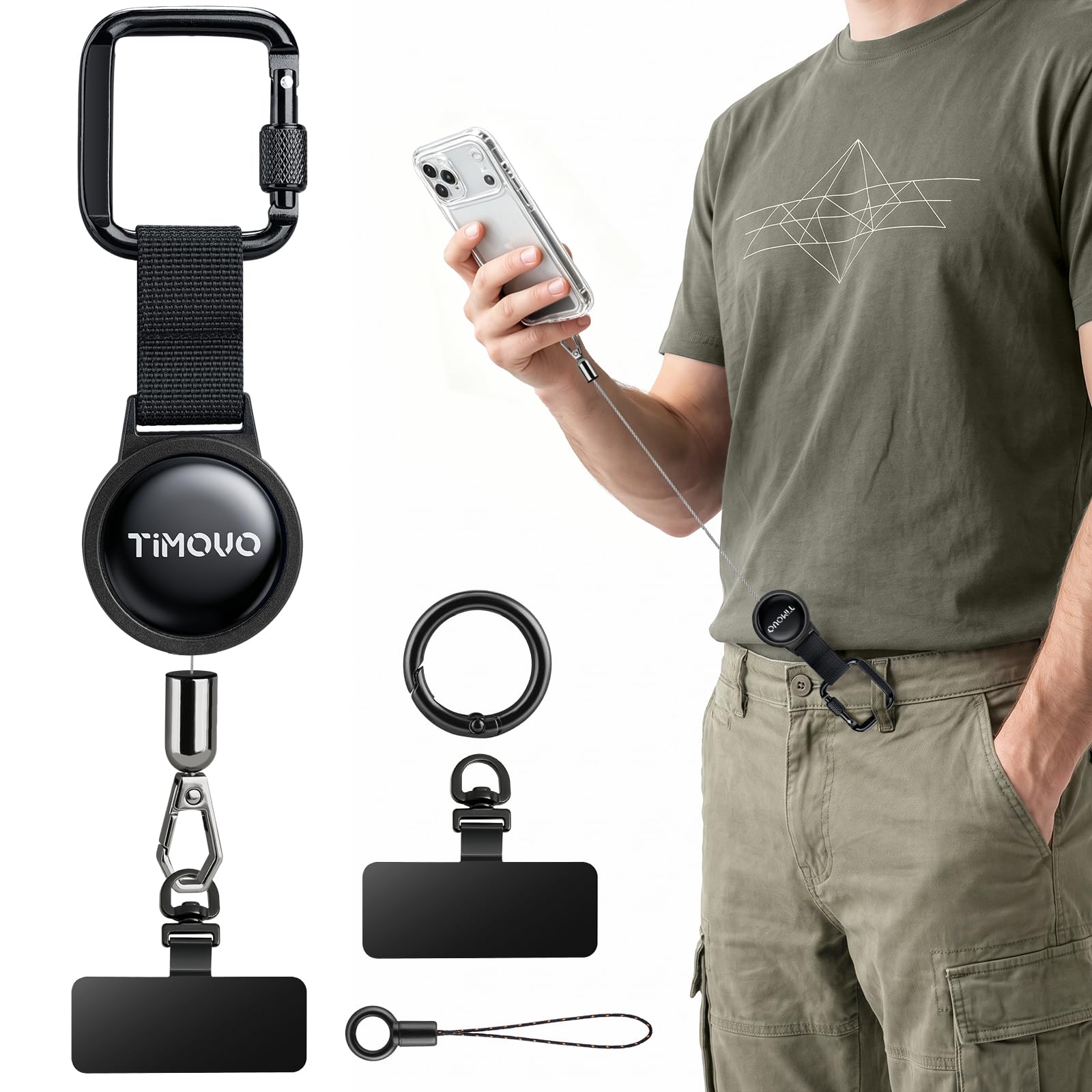 TiMOVO Lanière Téléphone Antivol Rétractable Acier, Noir | Lanière avec Clip Type Mousqueton & Languette, Compatible Universel avec la Plupart des Étuis de Smartphone