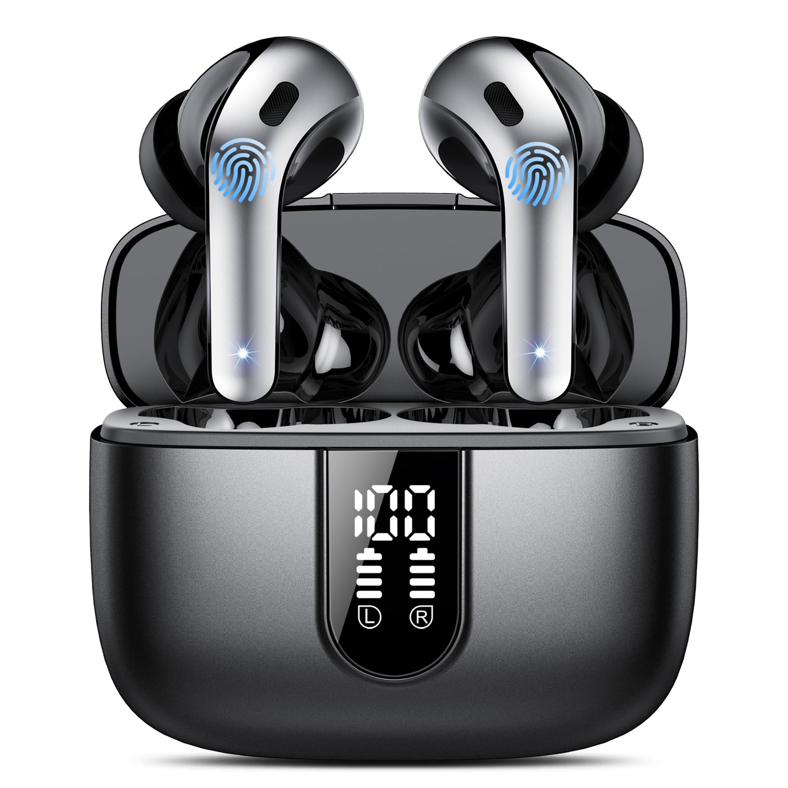 IKT Ecouteurs Bluetooth sans Fil, Écouteurs Bluetooth 5.3, 50 Heures Contrôle Tactile, 4 ENC Appel Réduction Antibruit Mic, Basses Profondes, Ajustement Confortable, IPX7 Étanche Casque（Noir）