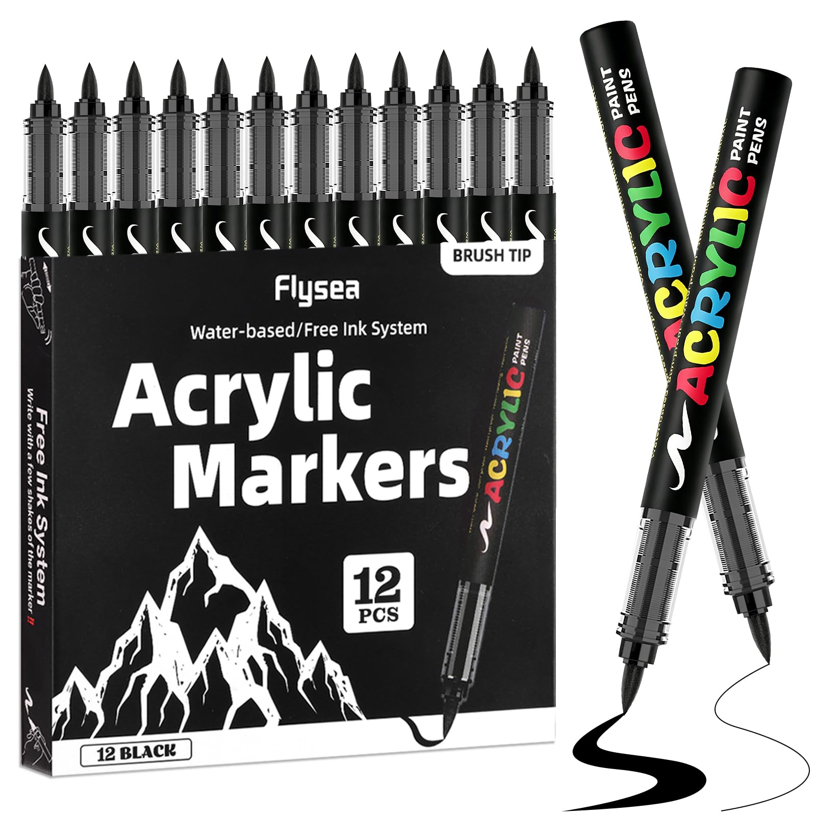 Funnasting Feutres Acrylique Noir à Réservoir Pointe Pinceau | Marqueur acrylique noir à réservoir sans pompage. Encre opaque et étanche. Pour pierre, verre, métal, céramique.