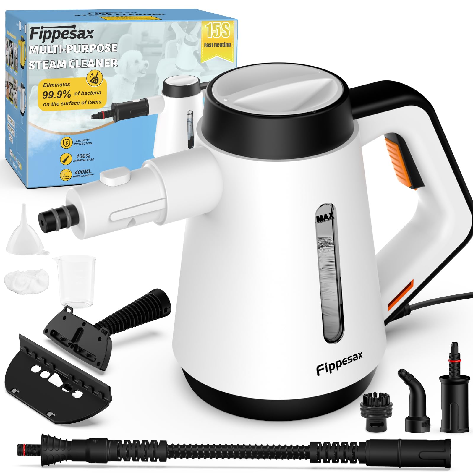 Fippesax Nettoyeur Vapeur 1200W, Chauffage Rapide 15 s, Vapeur 110 °C, Réservoir 400 ml, 14 Min de Vapeur Continue, 9 Accessoires, Haute Pression, Sans Produit Chimique
