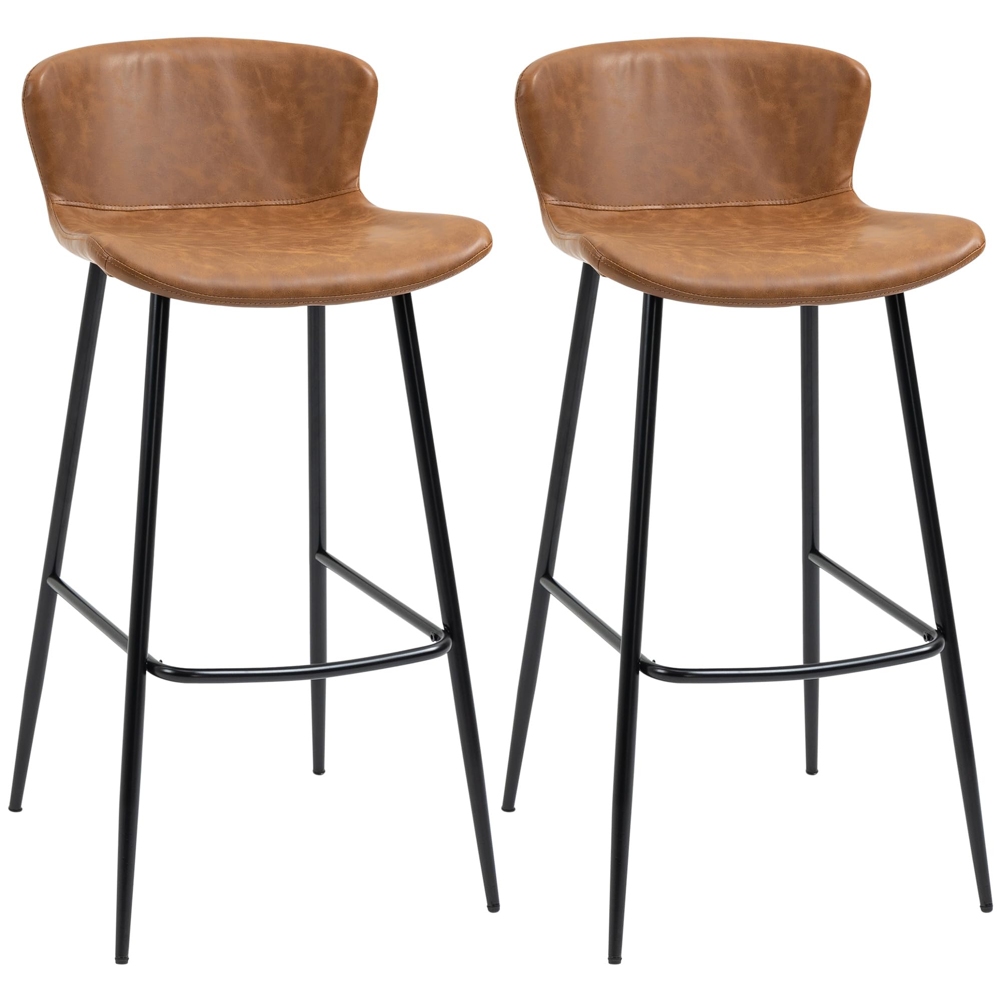 HOMCOM Lot de 2 Tabourets de Bar Hauteur 76 cm Dossier Vintage Marron | Assise en Similicuir, Repose-pieds en Acier