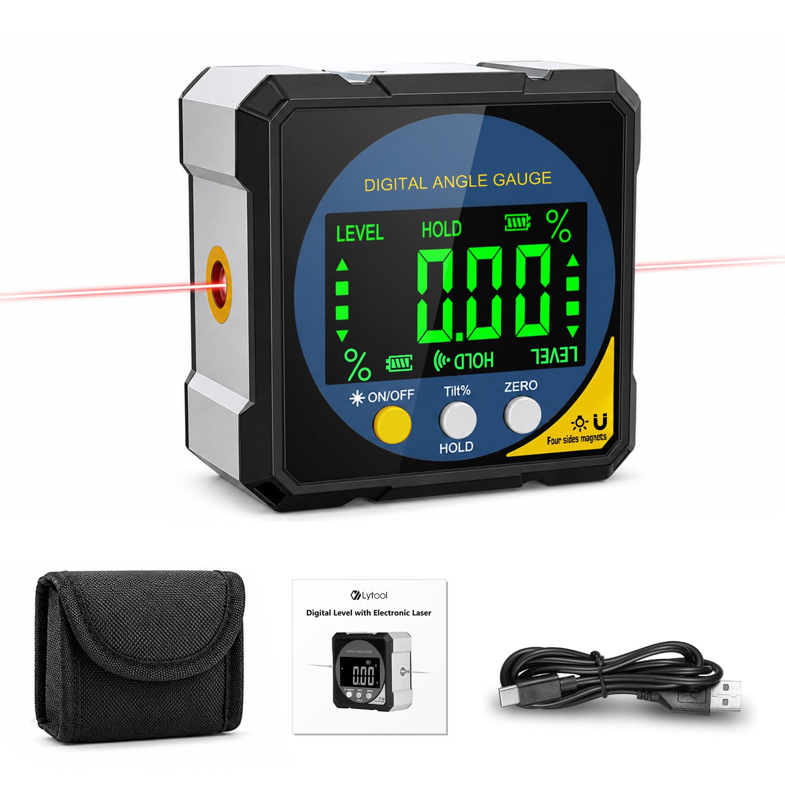 Inclinomètre Numérique Magnétique,Rechargeable USB-C (Laser 2 Faces,4*90°) | Lytool Niveau Numérique Électronique pour Menuiserie,Bâtiment,Automobile, LCD et Rétroéclairage,Rapporteur d'Angle Numérique