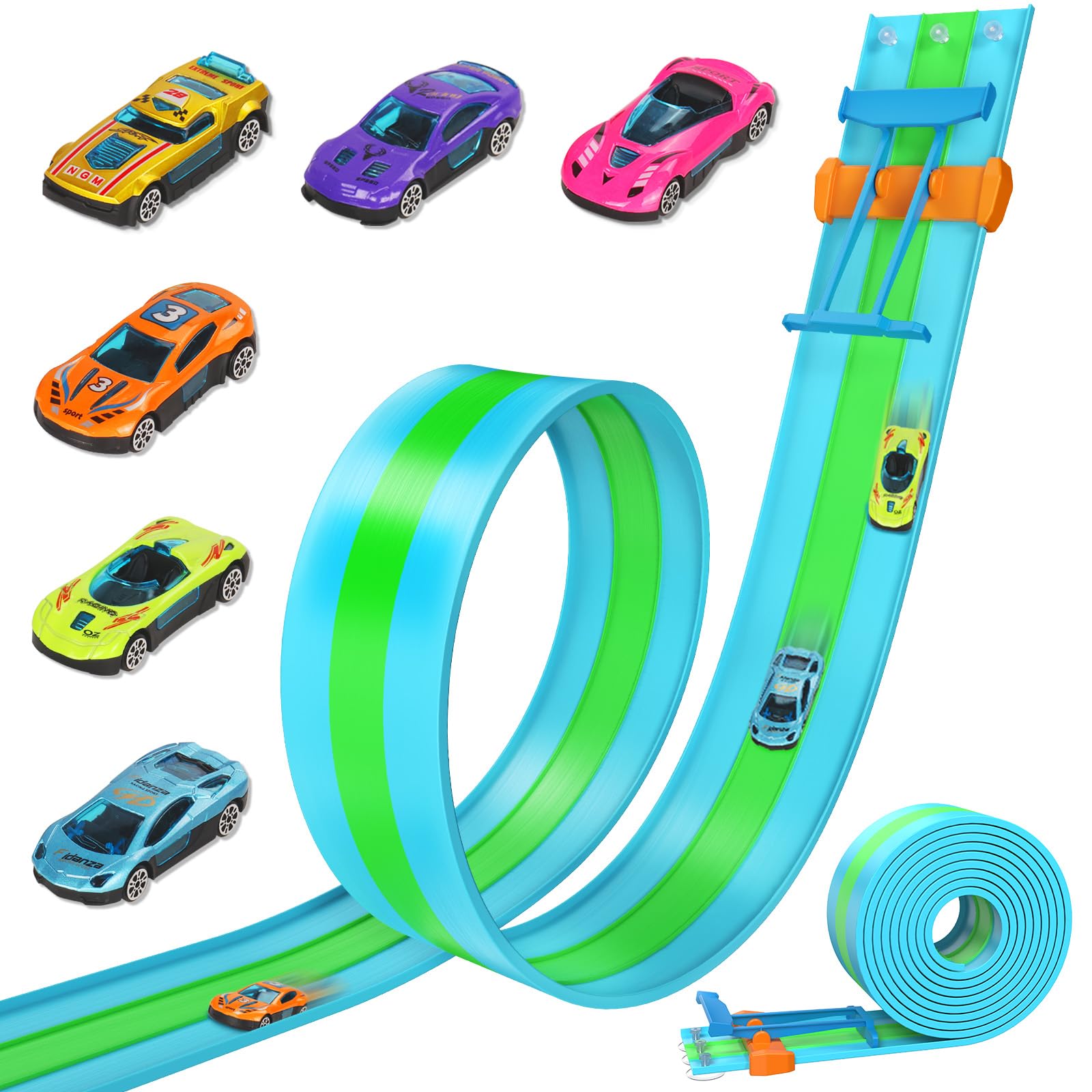ACELIFE Circuits de course de voitures flexibles, 4,5 m de piste de course automobile comprenant 6 voitures, piste de course portable à trois voies, rampes pour voitures 1/64e, jouet cadeau pour