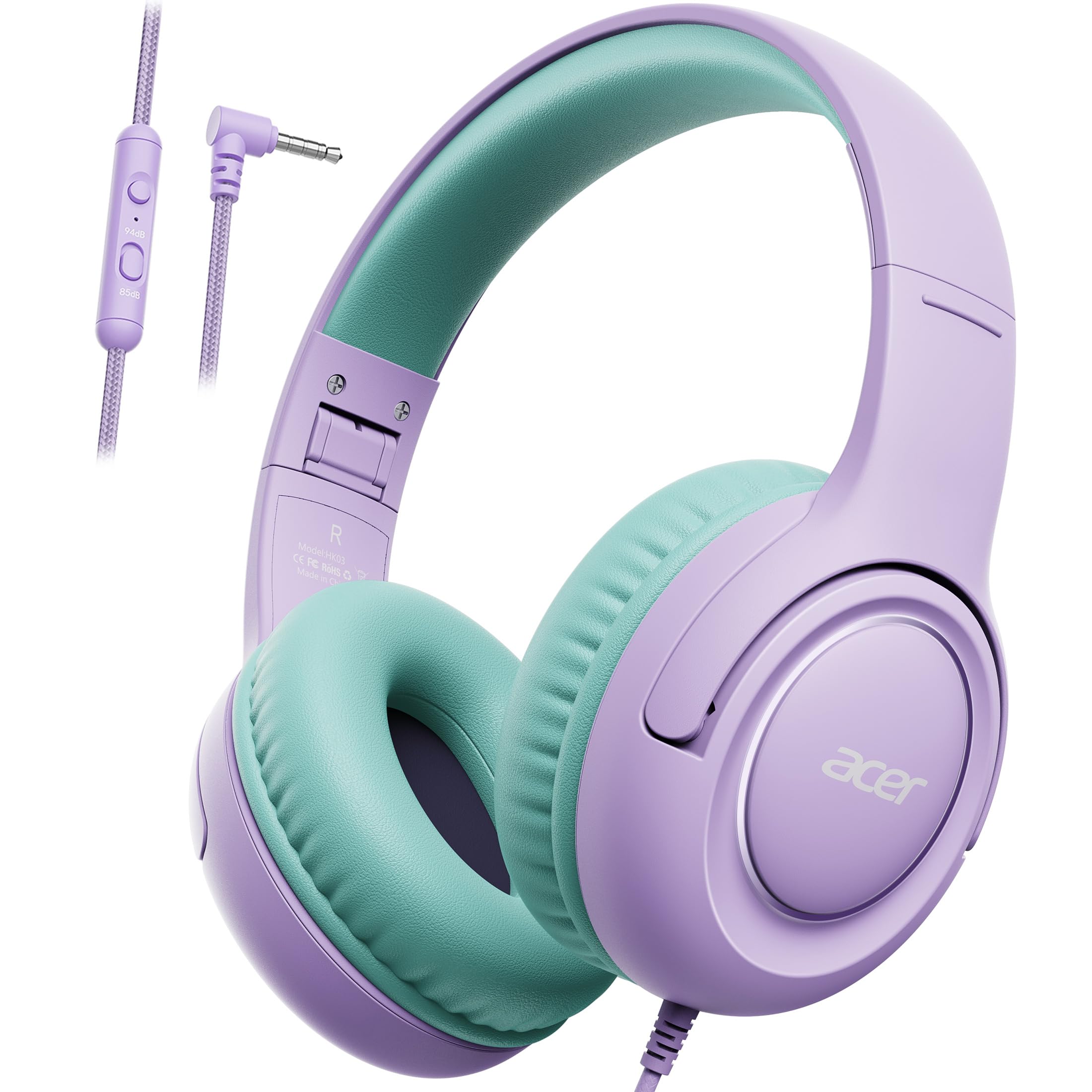 Acer Casque Audio Enfant Filaire, Volume Limité 85/94db, Pliable Réglable | Casque Filaire Enfant Fil 3.5 Mm, pour iPad, Kindle, PC, École, Voyage(Violet Vert)