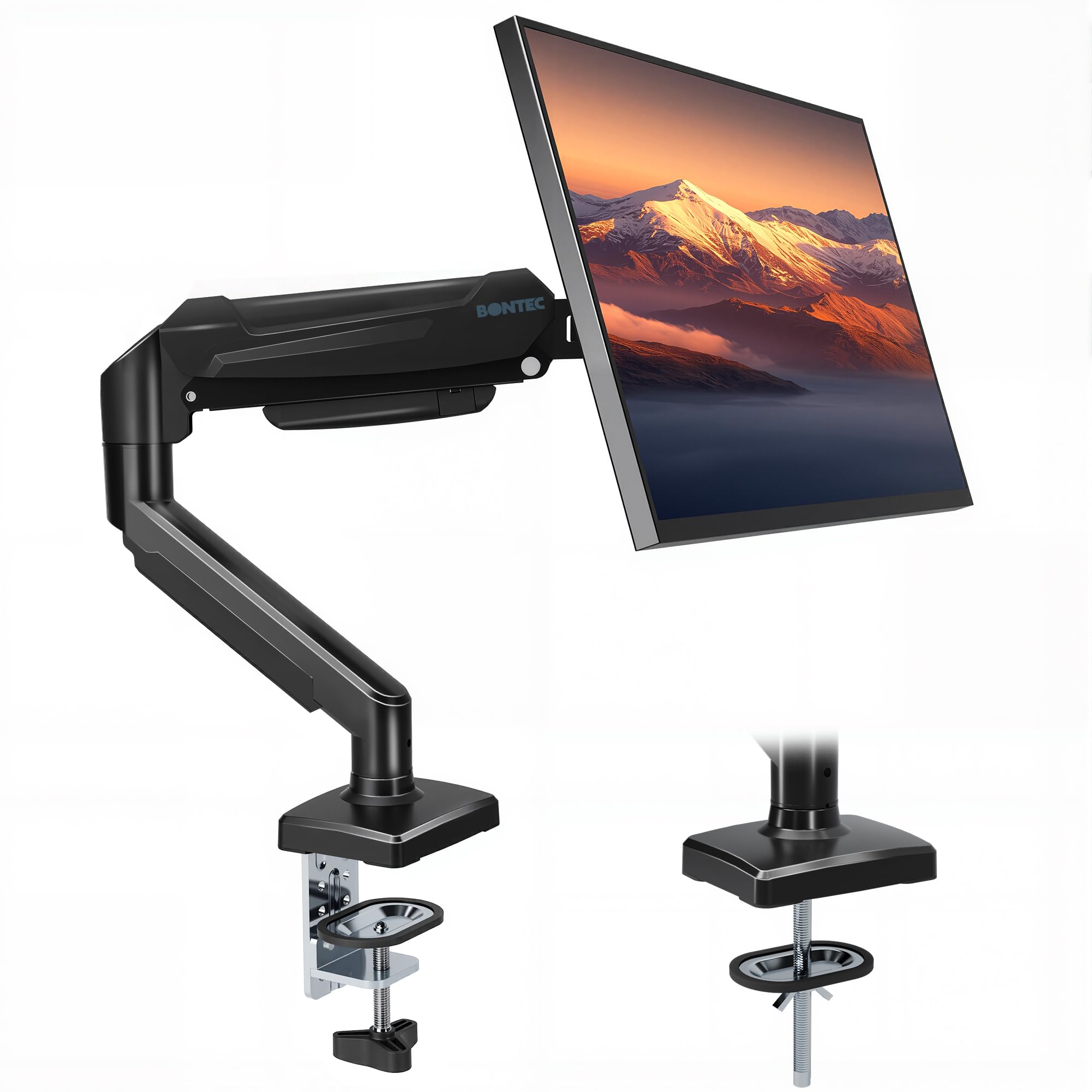 BONTEC Bras écran pc 15–32 Pouces, Support Moniteur à Ressort à gaz avec Inclinaison ±90°, pivotement ±90°, Rotation 360°, VESA 75x75/100x100, Passe-câbles, Accessoire Gaming, Montage C ou œillet