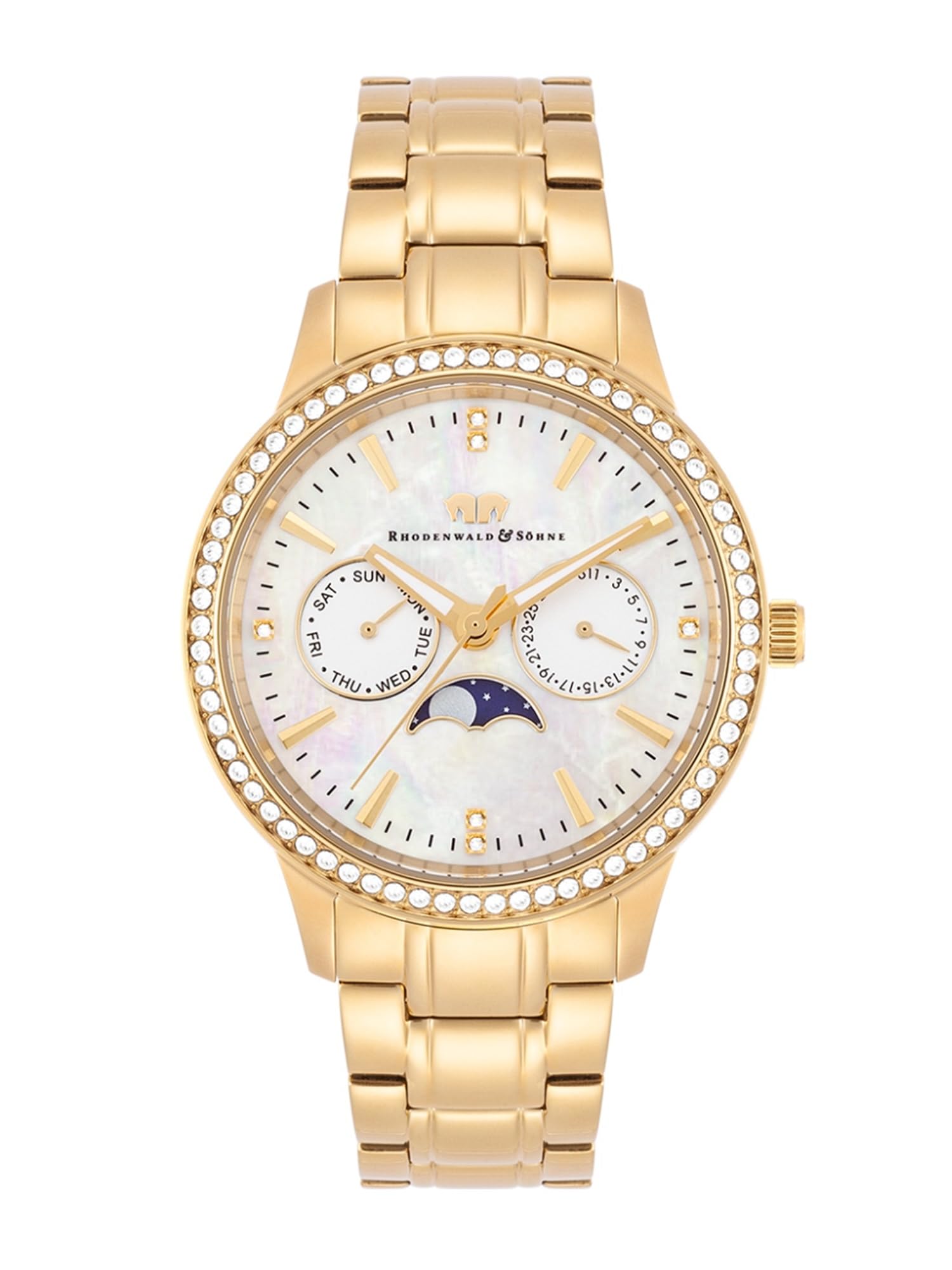Rhodenwald & Söhne Montre Femme Analogique Quartz Multifonction(s) avec Bracelet en Acier Inoxydable Or Jaune Orné de Cristaux 10010438