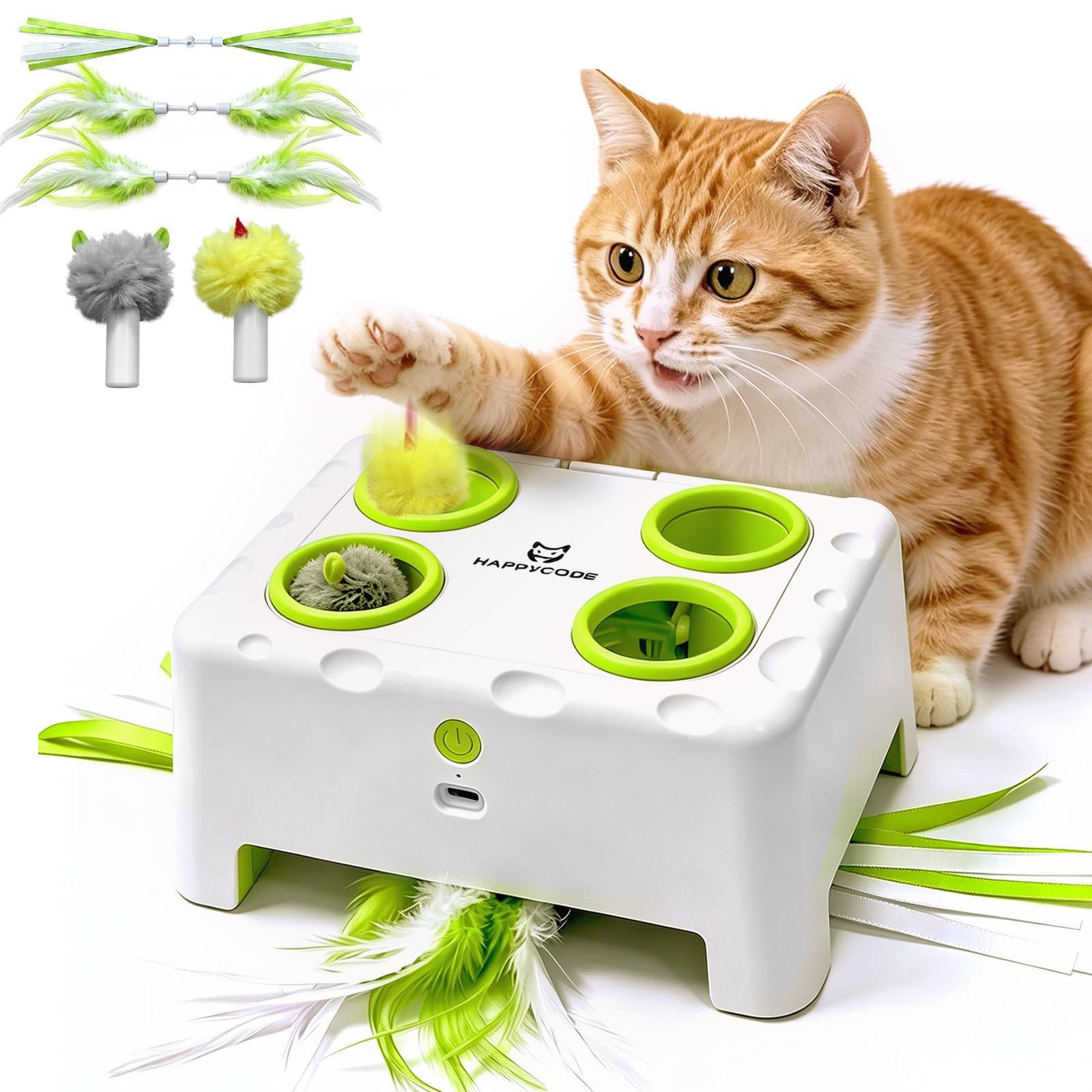 HAPPYCODE Maison Magique Jouet Interactif pour Chat avec 3 Modes, Jouet Rechargeable à Plumes Whack-a-Mole pour Chats d'Intérieur, 4 Trous et 4 Accessoires