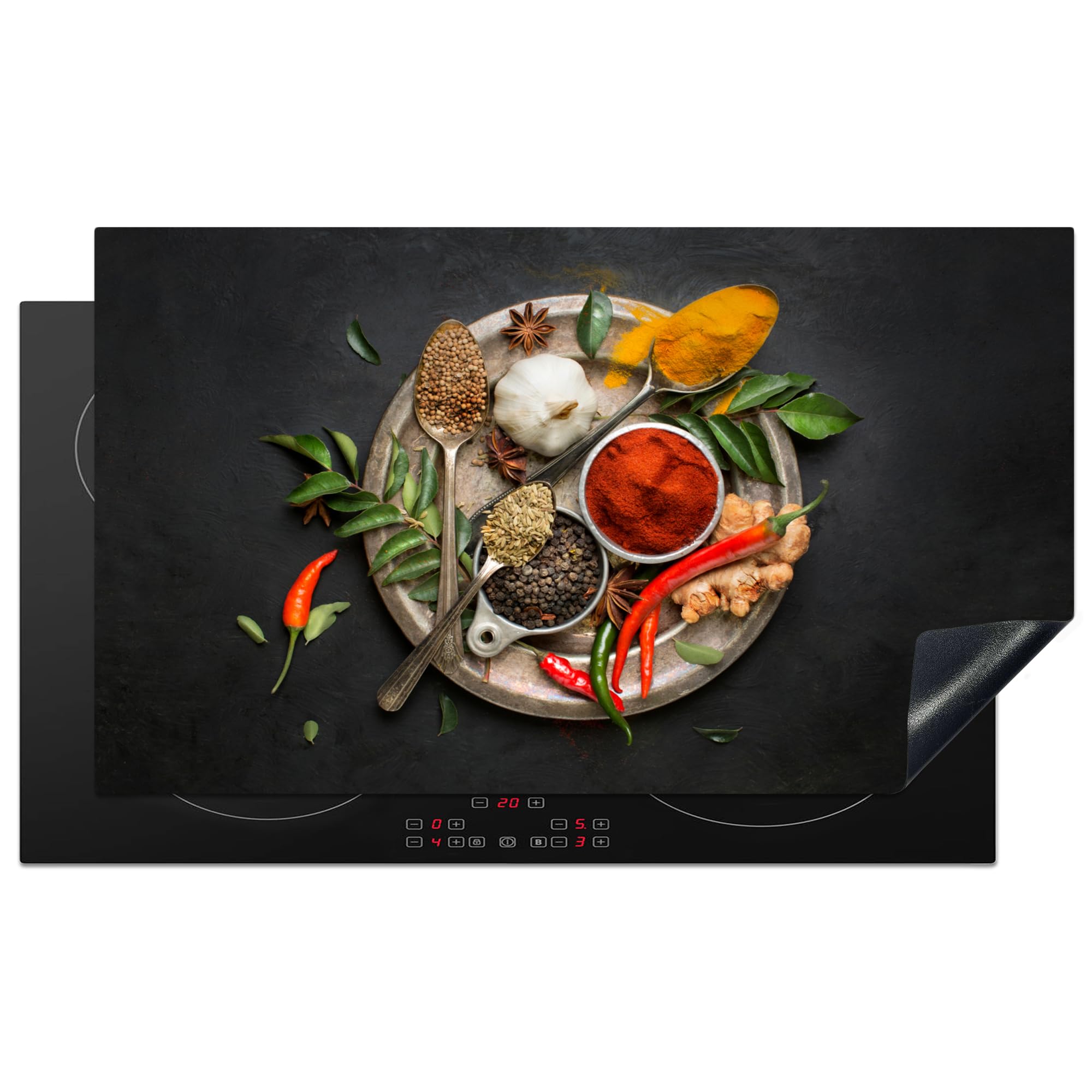 KitchenYeah© Protection Plaque Cuisson Deco Cuisine Cache Induction Protège | 89x51 cm - Pour Cuisiniere Épices - Poivre - Cuillères - Légumes