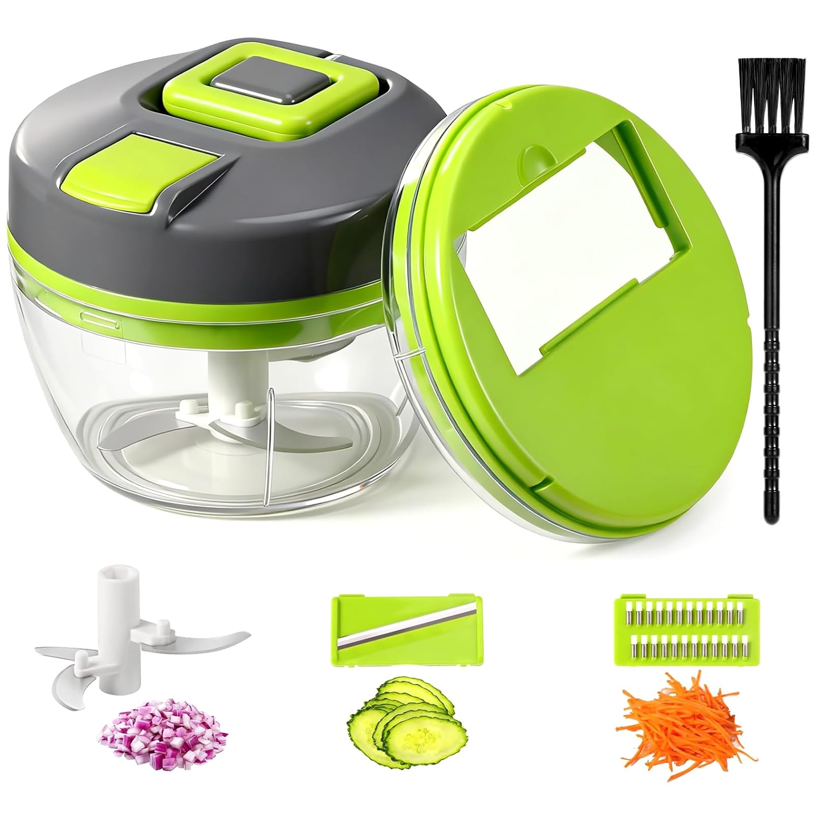 Diboniur Mini Hachoir Manuel 520 ml, Coupe-Oignon 3-en-1 avec Corde, Vert | Hache, tranche et coupe en julienne sans électricité, avec lames en inox et brosse de nettoyage, pour oignons et légumes
