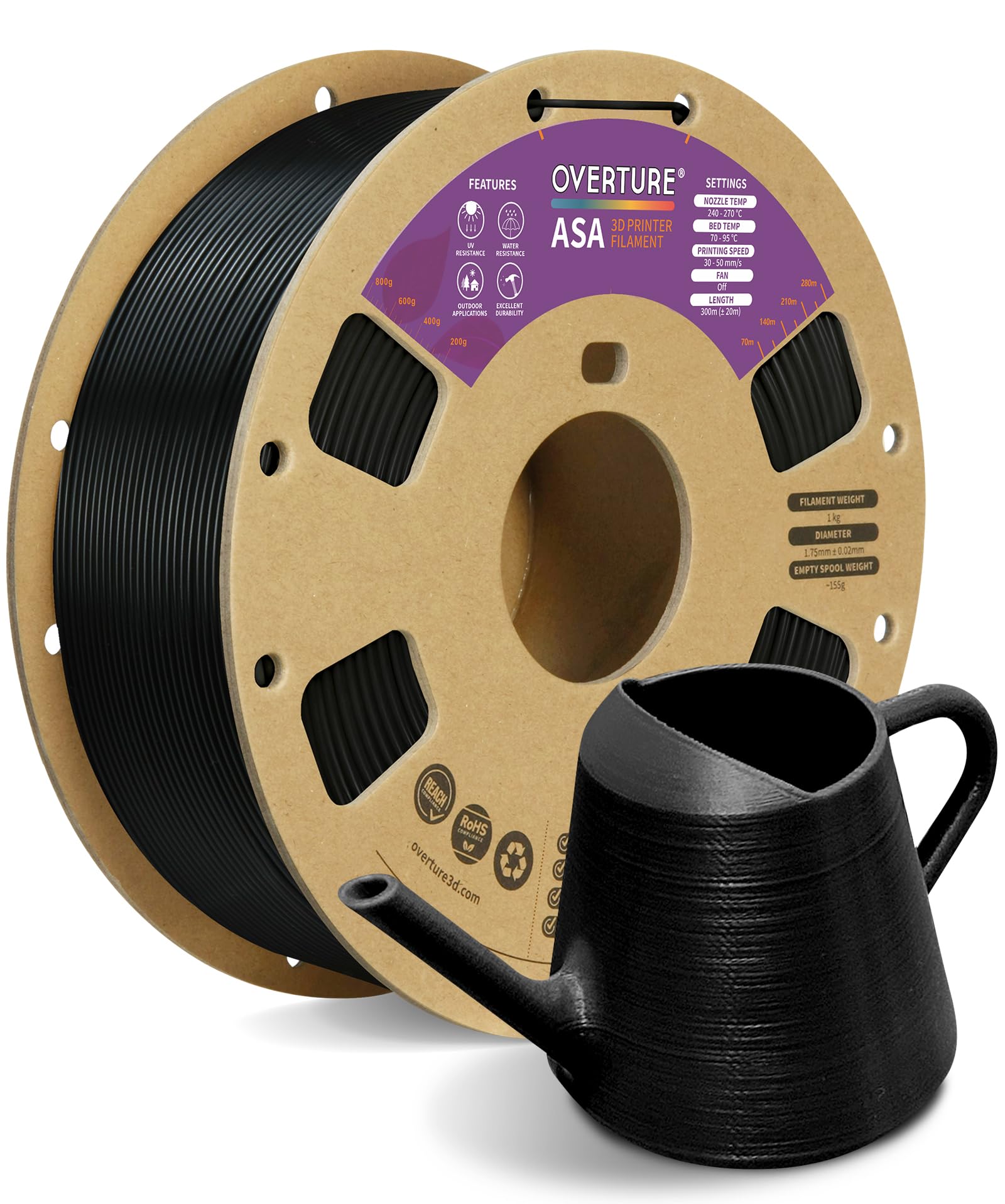OVERTURE ASA Filament 1.75mm 1KG Bobine Imprimante 3D(Noir) | ASA pour FDM, Résistance UV et intempéries, Vicat 106.2°C, Buse 240-270°C, Plateau 70-95°C, Ventilateur éteint, 30-50mm/s