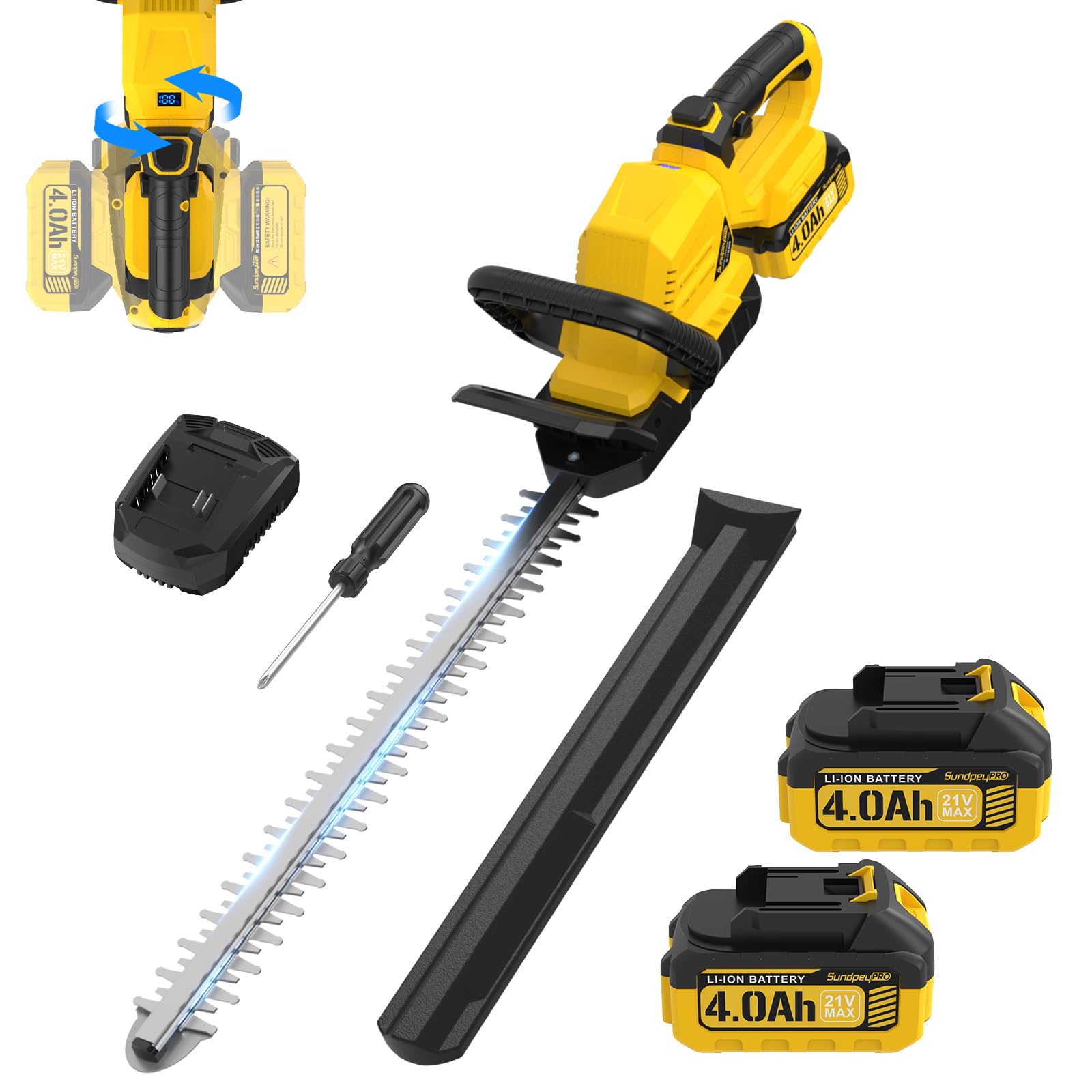 53CM Taille Haie Batterie avec 2 Batteries 4.0Ah & Poignée Pivotante à 180° | DiamèTre De Coupe 16 mm, Verrouillage de sécurité, 21V Coupe Haie Batterie sans Fil, pour Jardin, Haies et Arbustes