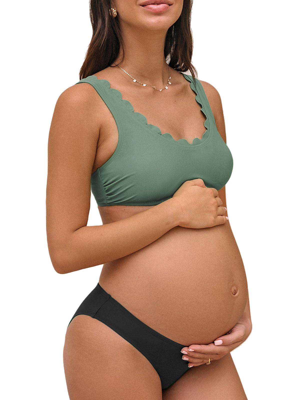 CUPSHE Maillot de bain de maternité - Col en U - Bord ondulé - Taille basse - Maillot de bain une pièce - Maillot de bain de maternité