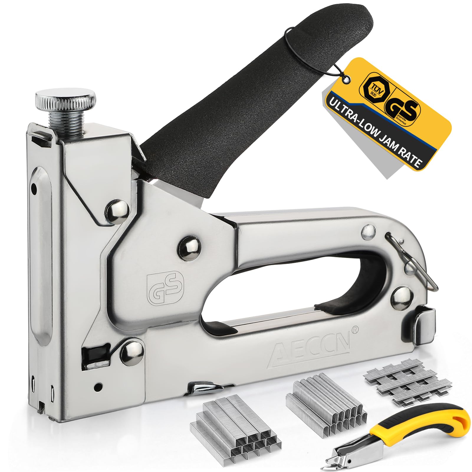AECCN 3-en-1 Agrafeuse Bois pour le et le Mobilier, Décoration, Argent | 2100 Agrafes et 1 Dégrafeuse, en Acier Inoxydable Résistant à la rouille, Puissants et Durables, Conception Ergonomique