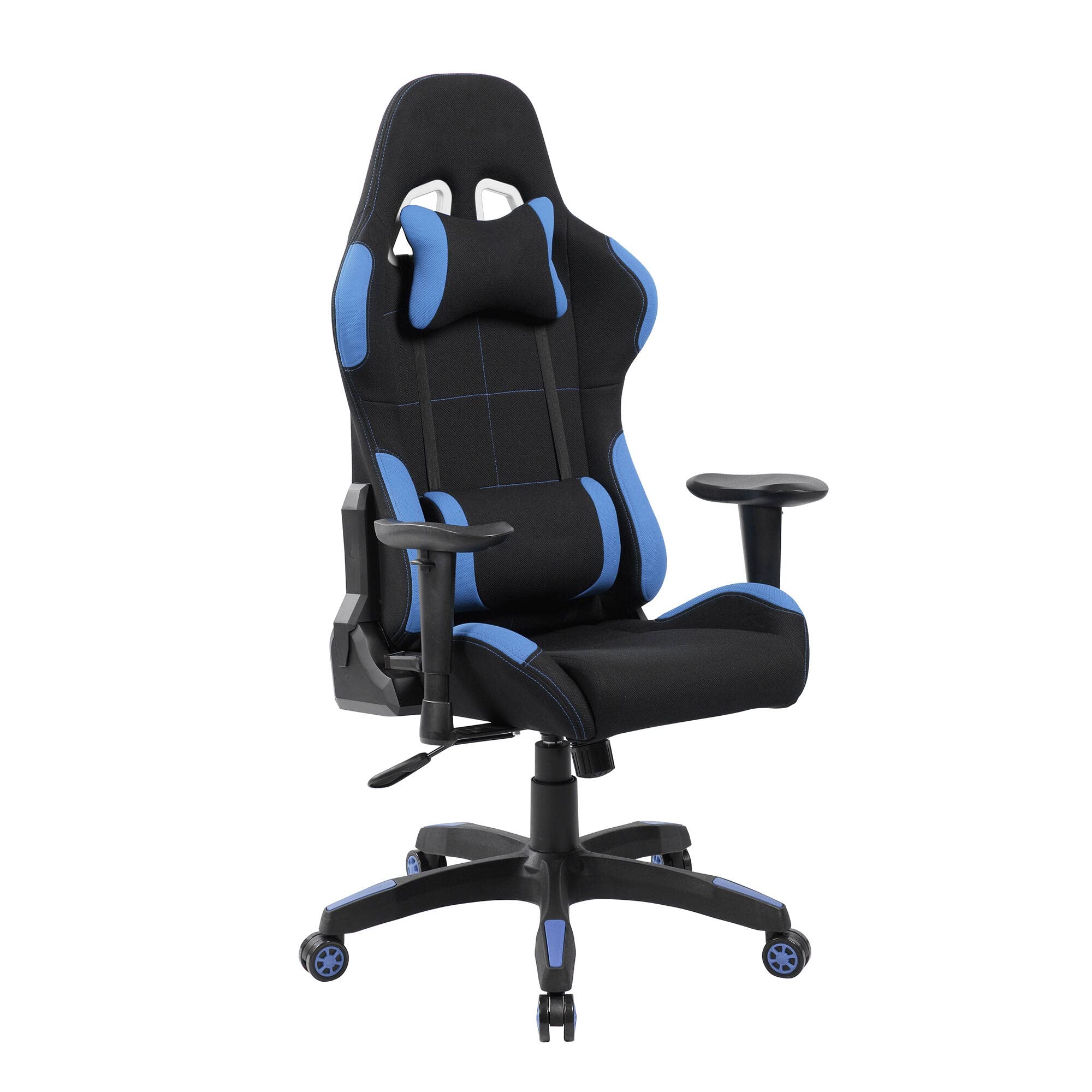 Dmora - Chaise à roulettes Bundaberg, Fauteuil de jeu adulte, Chaise de bureau, 57x72h124/134 cm, Noir et Bleu