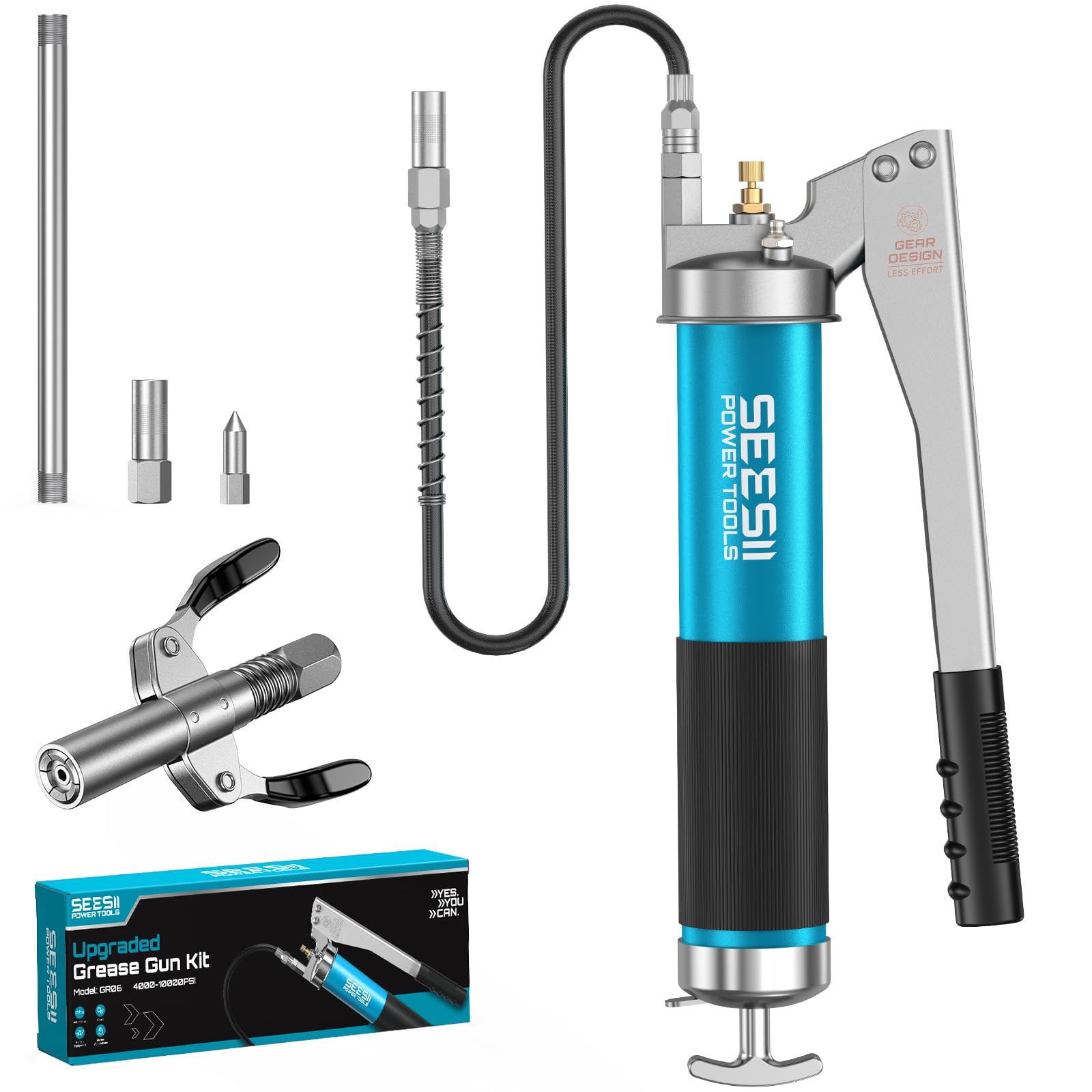 Seesii Pompe à Graisse 10000 PSI, Levier À Engrenages, Valve De Purge | Kit Pompe à Graisse 400 ml, Raccord Rapide, Flexible 45 cm, Buse & Tube Rigide, Pour Remorques & Engins Lourds