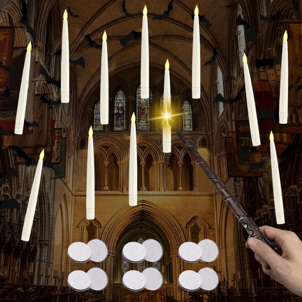Anyingkai Bougies Flottantes Magiques à Suspendre avec Baguette,12PCS Bougies Flottante LED à Piles,Lumière Chaude Vacillante Bougies,Bougie Conique électrique Pour Décoration de Noël,Halloween