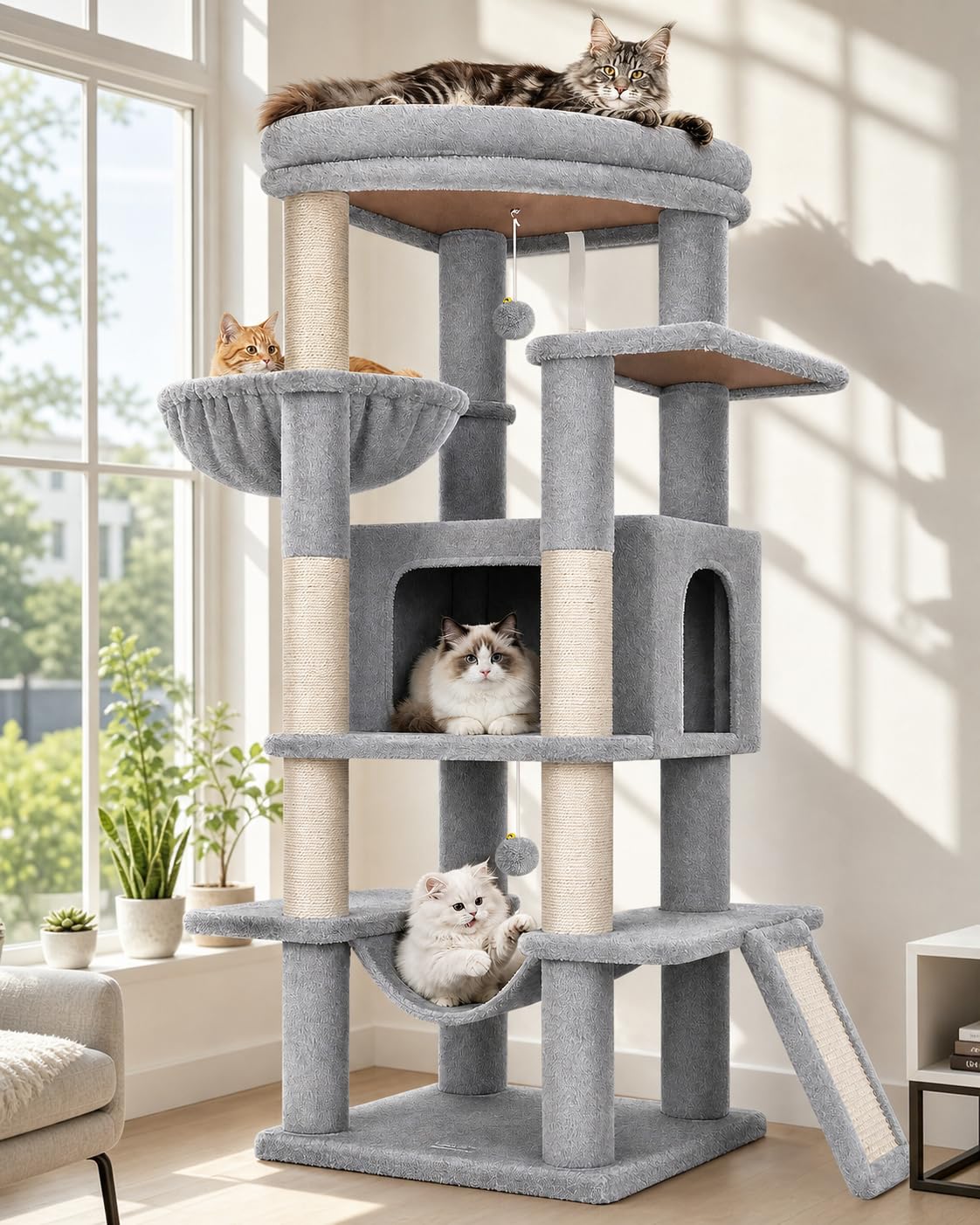 Globlazer Arbre a Chat Stable avec Immense Plateforme pour 2-3 Chats S56 | Arbres à Chats 143 cm Compact avec Grand Niche, Hamac, Convient au Salon, Chambre Appartement, pour Grandes Chat Intérieur