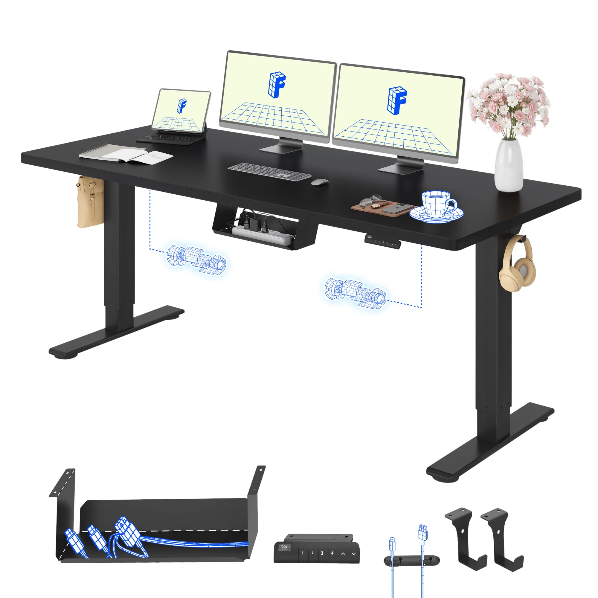 FLEXISPOT E1 Pro Bureau Assis Debout avec 2 Moteurs, 160x80cm | Charge 120kg, Système Anti-collision, Fonctions mémoire & Accessoires pratiques, Garantie 5 ans, Noir+Noir