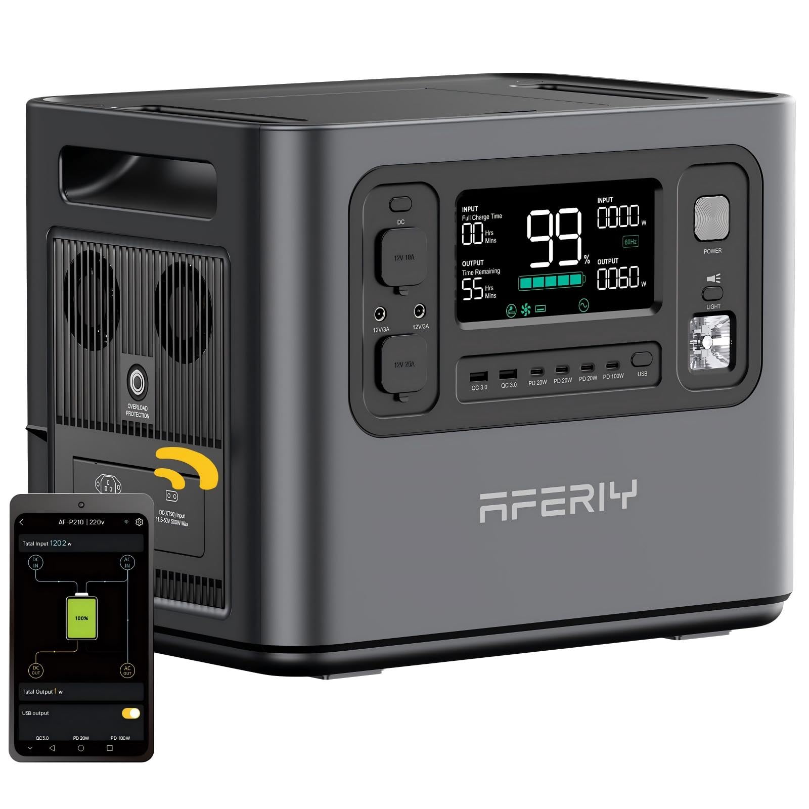 AFERIY Generateur Electrique Portable 2400W, Batterie Nomade 2048Wh, Charge Rapide 1h40, 13 Connexions, 220-2400V, Alimentation Sans Interruption, Station Électrique Portable pour Camping et Maison