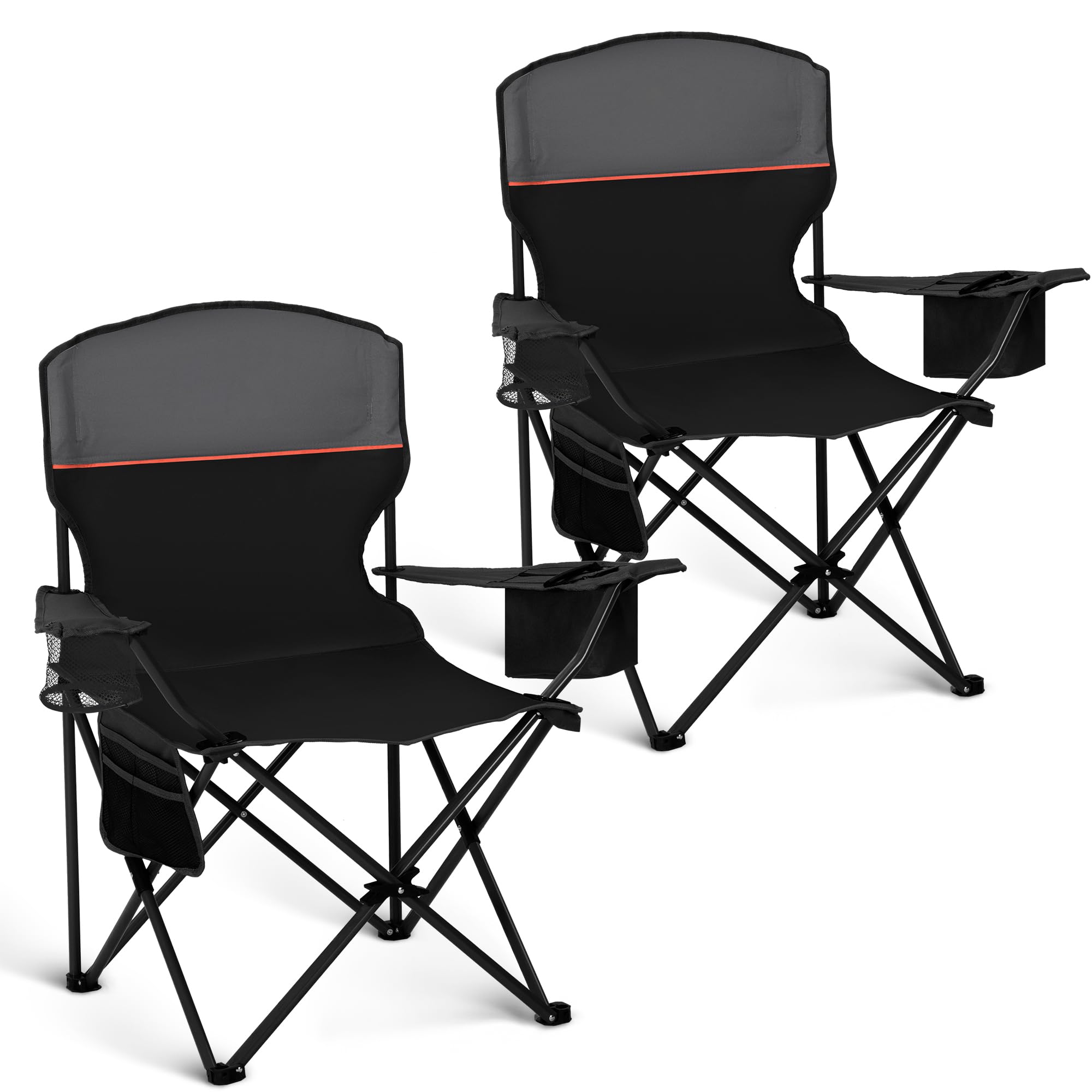 High Point Sports Lot de 2 Chaises de Camping Pliables Jusqu'à 102 kg Chaise Pliante Exterieur Fauteuil Camping Interieur avec Porte-Gobelets et Accoudoirs (2pcs Noir)