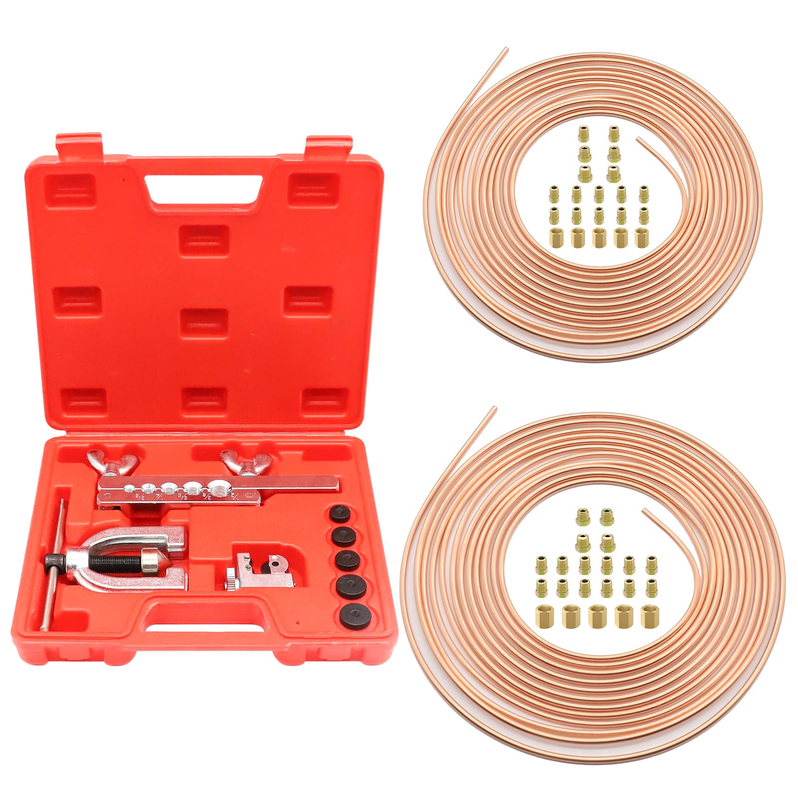 Kit Tuyau Frein Voiture, 7,62m de Ø4,75mm + Ø6,35 mm en Acier Cuivré avec 32 Raccords de Durite de Frein + 10 Connecteurs, IdéAl Pour Les SystèMes De Freinage Hydrauliques De Voiture