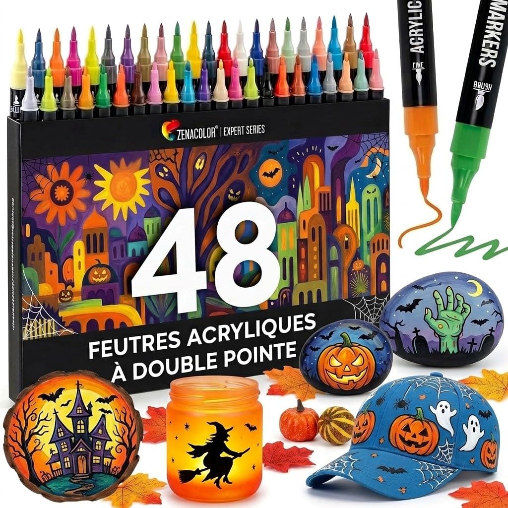 Zenacolor - Feutre Acrylique - Double Pointe - 48 Couleurs | Marqueur Acrylique · Pointe Fine & Pinceau · Multi-Surfaces · Bois, Verre, Pierre, Toile · Dessin & DIY · Loisirs Créatifs