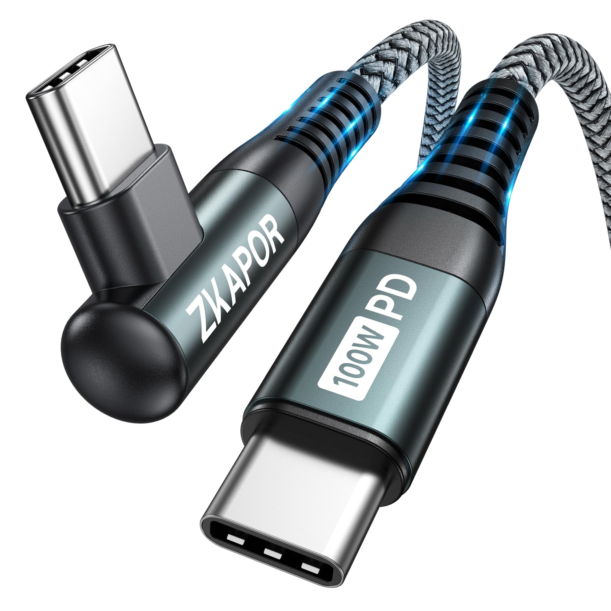 ZKAPOR Câble USB C vers USB C 1M 100W Cable USB Type C Coudé Charge Rapide | Câble Type C Angle Droit Chargeur Rapide Nylon Cable USBC vers USBC pour iPhone 17/16/15 Pro Max, Galaxy, Pad, Huawei, Pixel