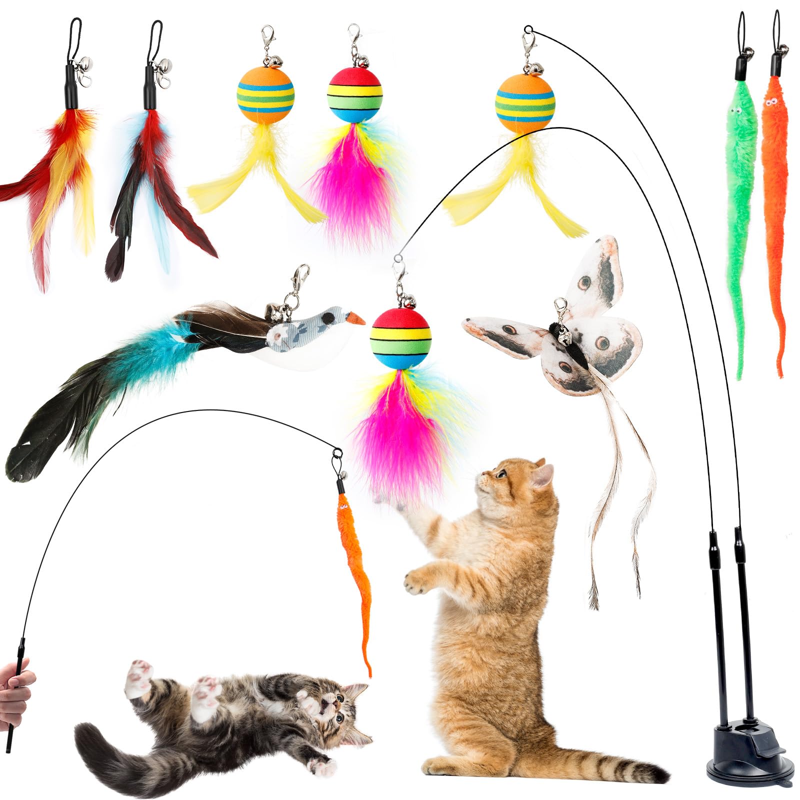 AiQInu 11 Pièces Jouet Chat Interactif, Interieur Jouets pour Chats avec Ventouse, 2 Canne à Pêche pour Chaton, Oiseaux à Clochettes Plume Jouet Chaton, Jouets Intelligence Chat Baguette