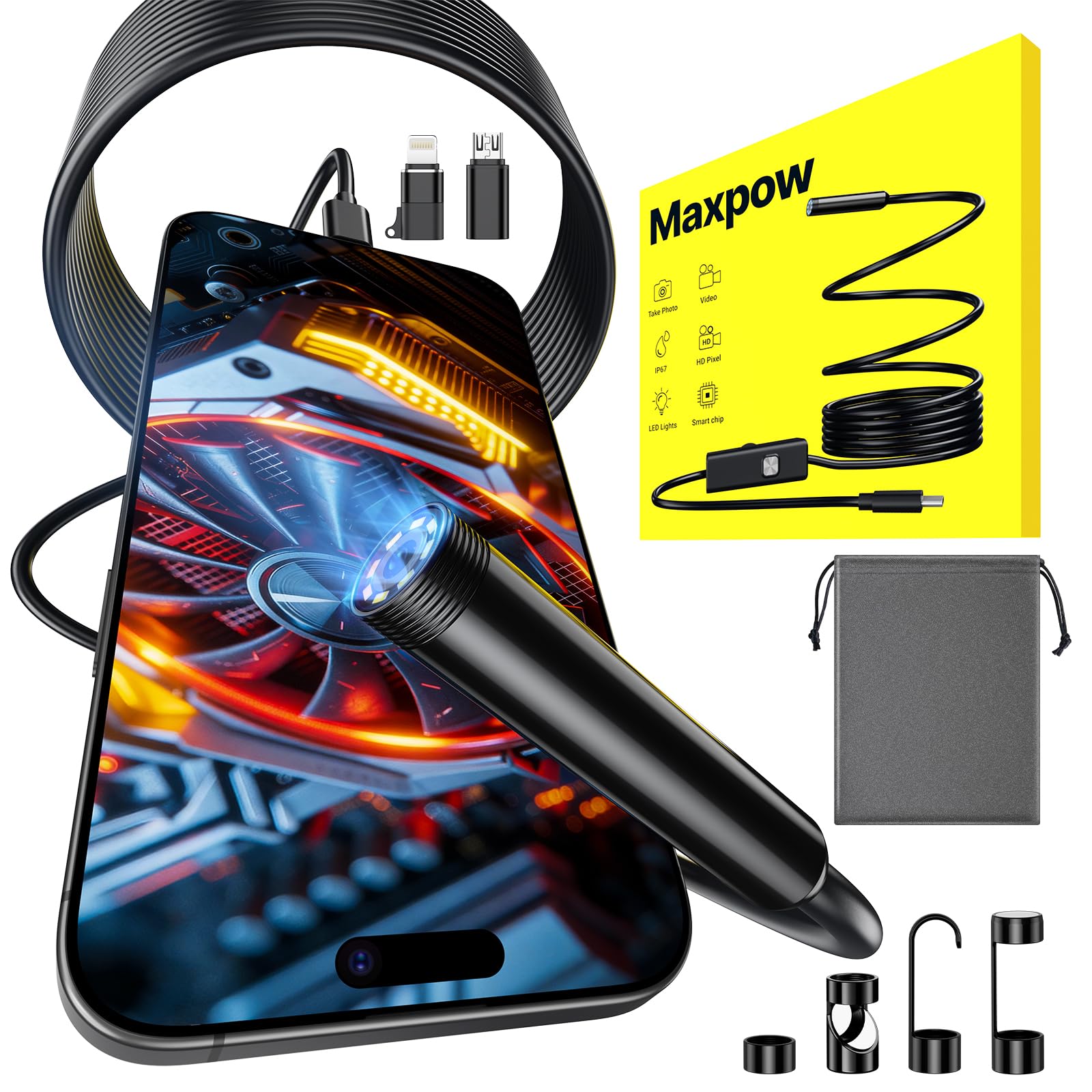 Maxpow Caméra endoscopique avec éclairage - 5m Câble Semi-Rigide | 1920P Full HD, Étanche IP67, 8 LED, Compatible Android/iOS, Idéal pour Réparation Auto, Conduits Canalisations
