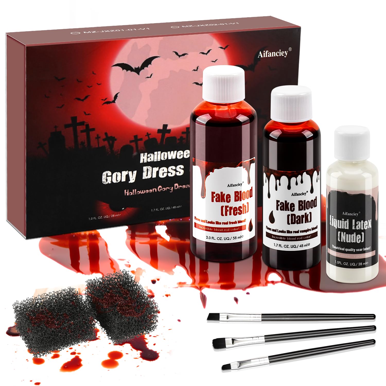 Faux Sang Halloween, 58 ML De Sang Frais Artificiel, 48 ML De Sang De Théâtre Rouge Foncé, 28 ML De Latex Liquide, Pinceaux De Maquillage, Kit De Maquillage Et Éponge, Lavable pour Halloween, Zombie