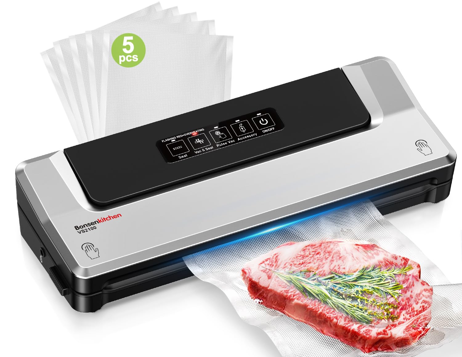 Bonsenkitchen Machine Sous Vide Alimentaire à Double Soudure, VS2100 | Appareil de Mise Sous Vide pour La Cuisson Sous Vide et La Conservation des Aliments Frais, 5 Sacs Sous Vide