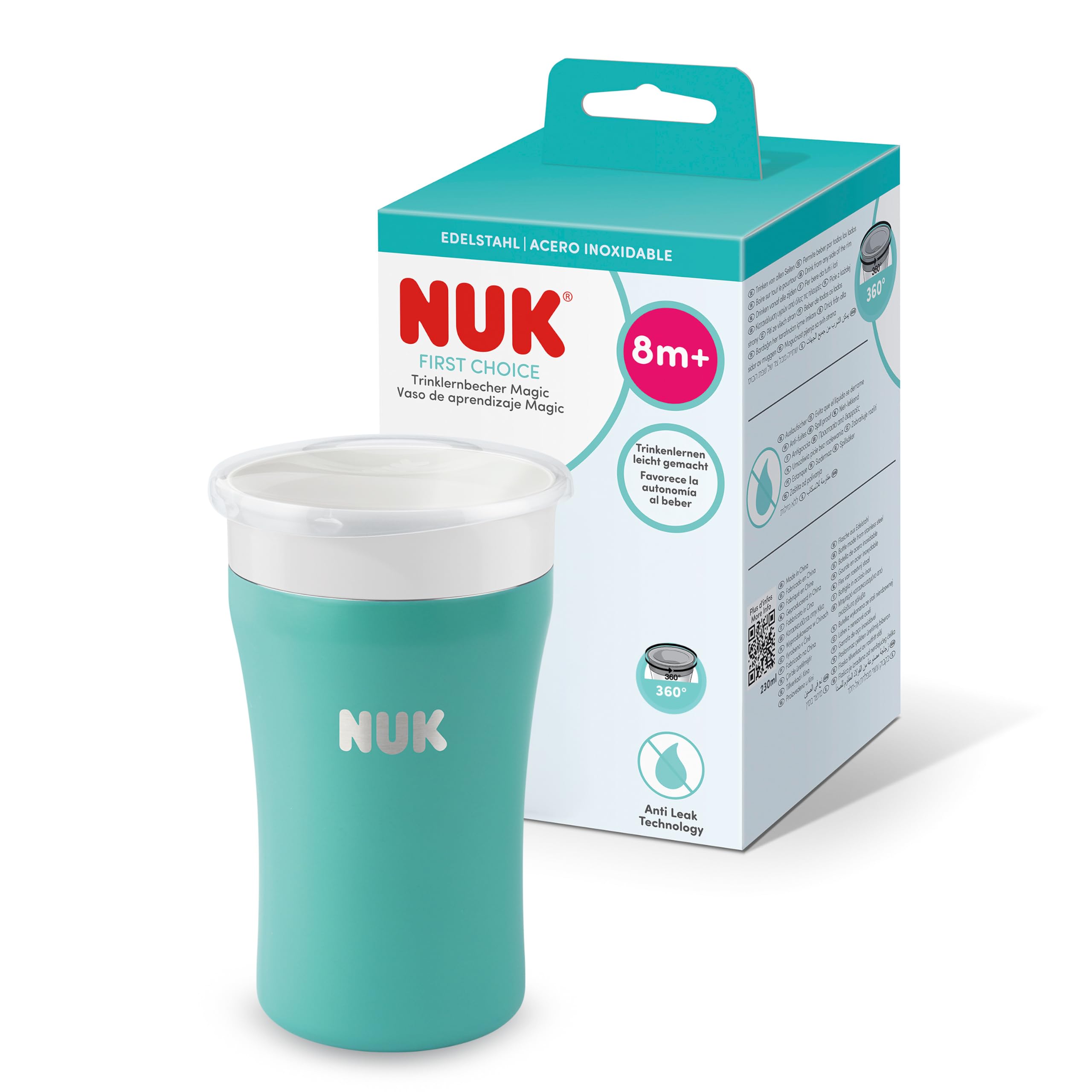 Tasse à bec NUK Magic Cup en acier inoxydable | À partir de 8 mois | 230 ml | Bord anti-fuites à 360° | Biberon pour tout-petits | Bleu sarcelle | 1 unité
