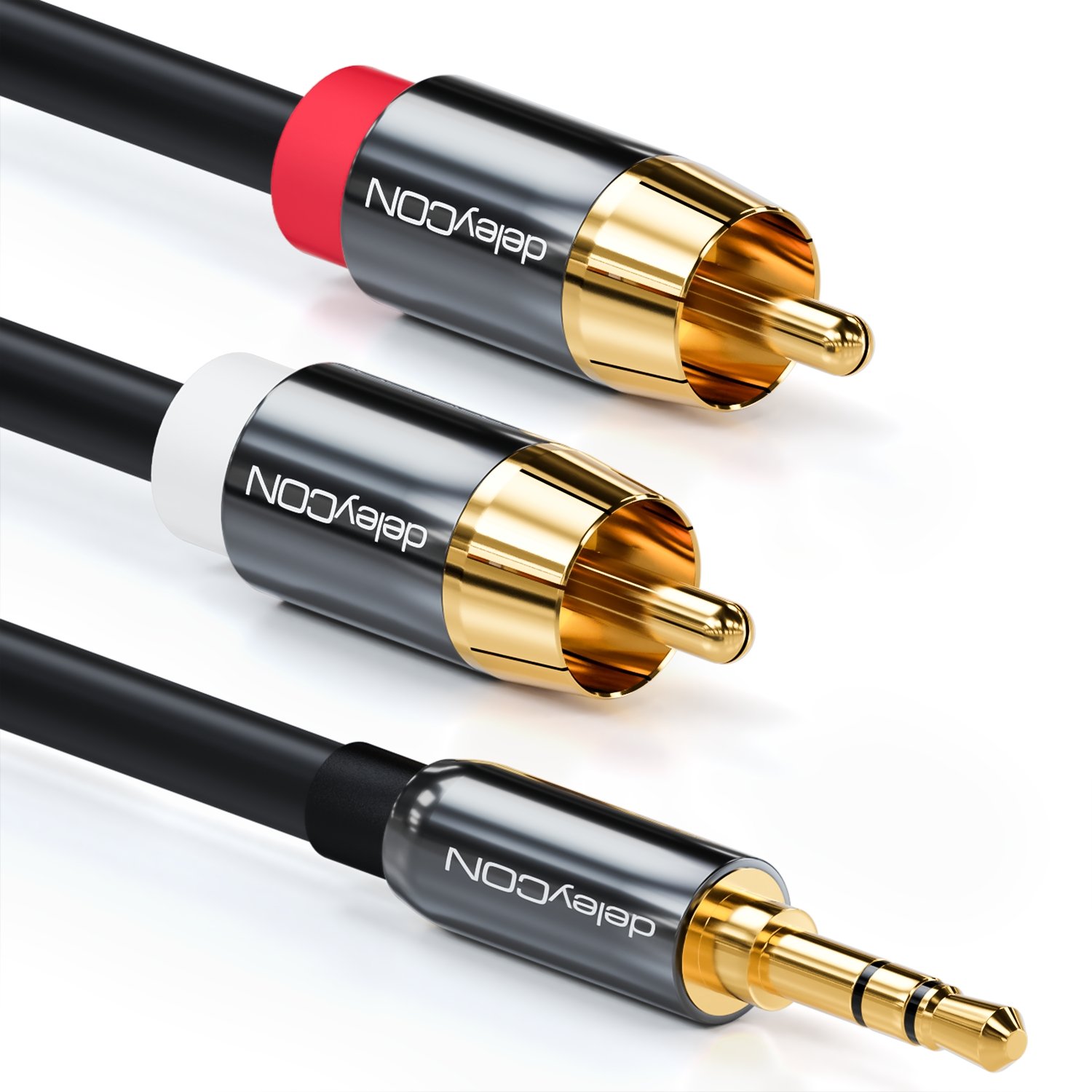 deleyCON 0,5m Cinch-Câble - 3,5mm Prise Jack vers Cinch RCA - Audio Stéréo - 1x Fiche Jack vers 2x Connecteur RCA - Connecteur Métallique - Noir