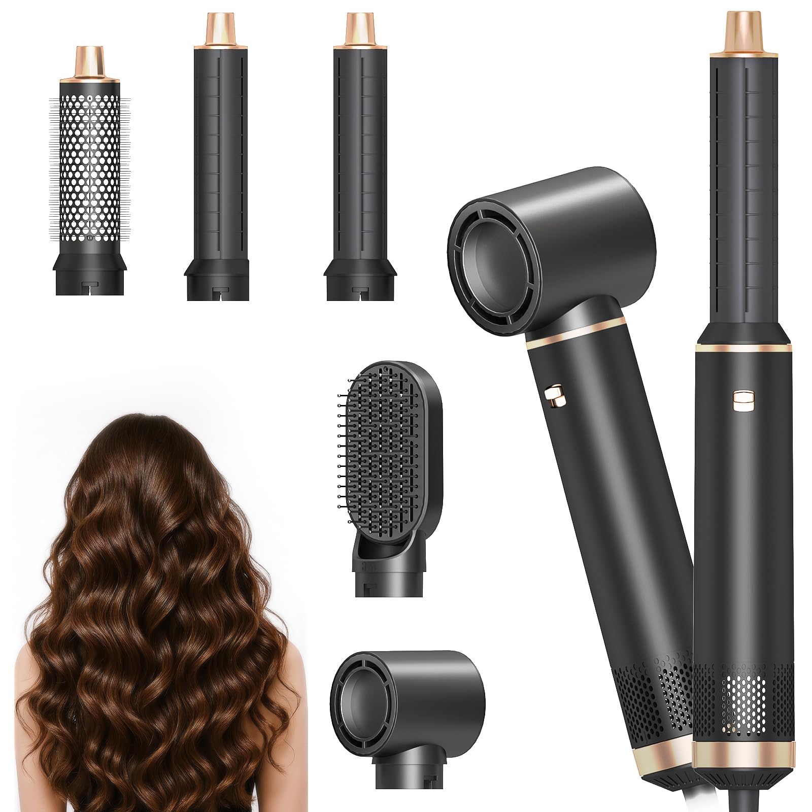 Dryhsip Brosse Soufflante 5 en 1, Brosse Chauffante Brushing et Air Styler avec Têtes Amovibles (fer Friser, Volumatrice, Lissante, Boucleur), de Voyage Légers pour Femmes et Hommes (Matte)