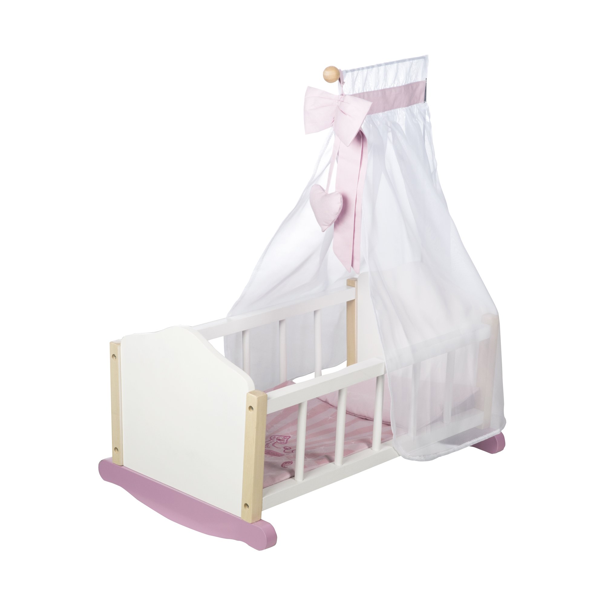 roba Berceau de Poupée en Bois Scarlett - Inclus Linge de Lit + Couverture + Oreiller + Ciel de Lit - Favorise les Habiletés Sociales - dès 3 Ans - Blanc / Rose