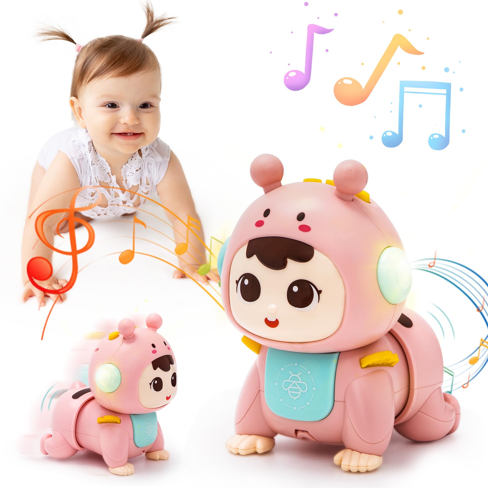 Highttoy Jouet Bébé 3 6 9 Mois, Jouet Bébé Rampant avec Musique et Lumière Jouets Musicaux Sensoriel Eveil pour Tummy Time Naissance Cadeau Bebe Rose