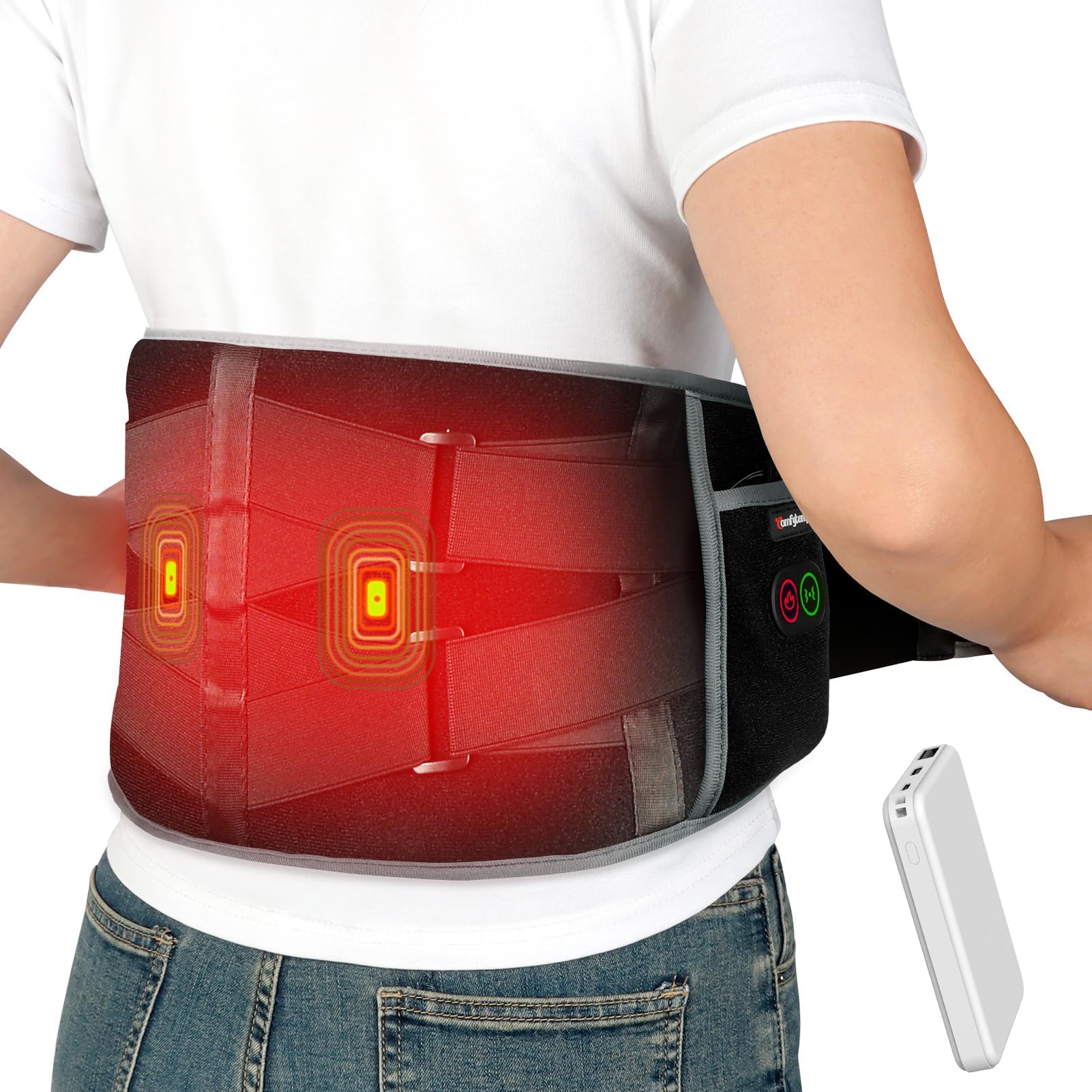 Comfytemp Ceinture Lombaire Chauffante,150 Coussin Chauffant Pour Taille | Ceinture Massage Sans Fil avec 3 Modes De Massage et 3 Niveaux de Température, pour Détendre les Lombaires, Abdominales