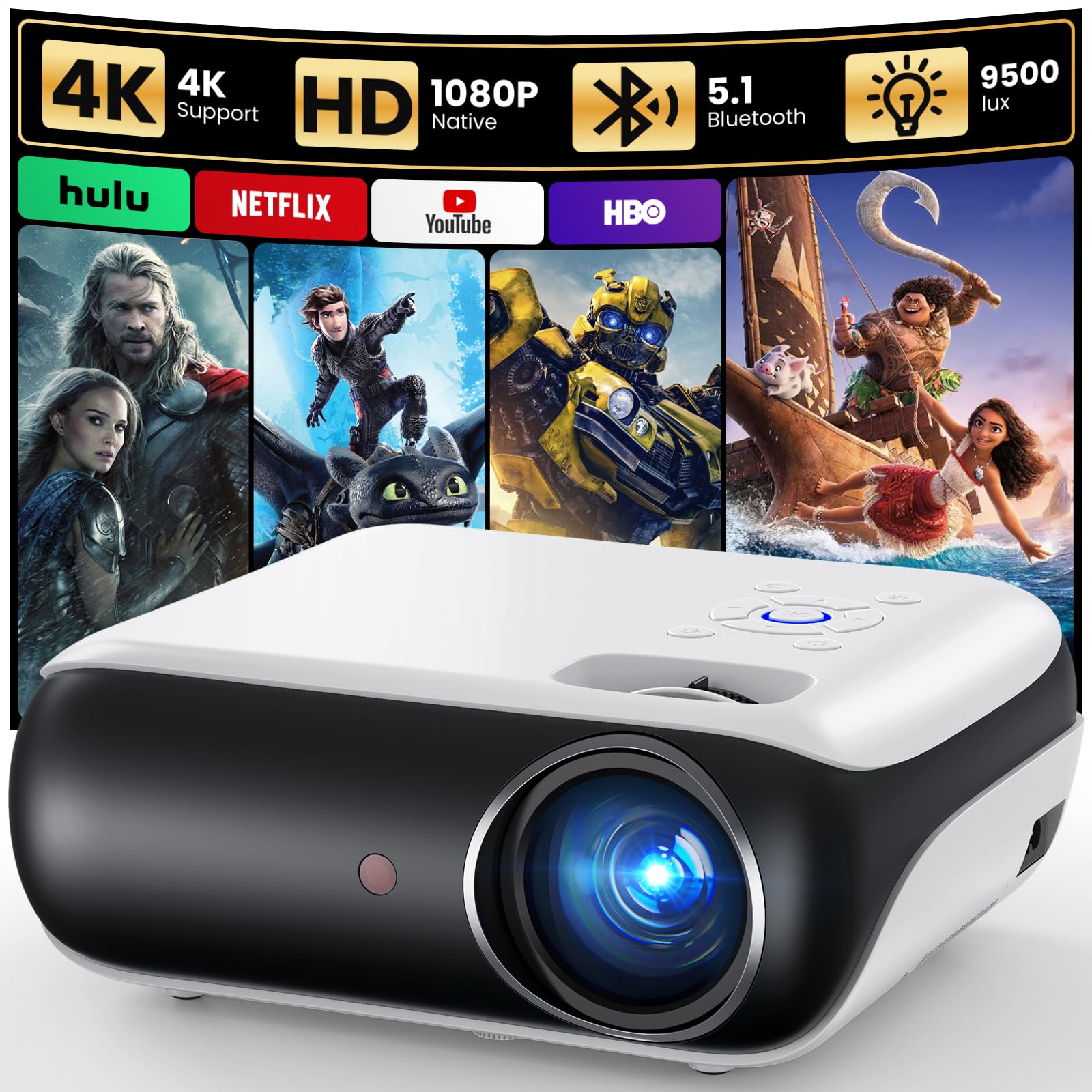 HAPPRUN Vidéoprojecteur 1080P Natif avec Bluetooth 5.1 et Son Stéréo Hi‑Fi | 4K Compatible・3 Montagearten・200 Zoll・Installation Facile・Haut-Parleurs・Intérieur/Extérieur・Compatible Smartphone, PC, PS5